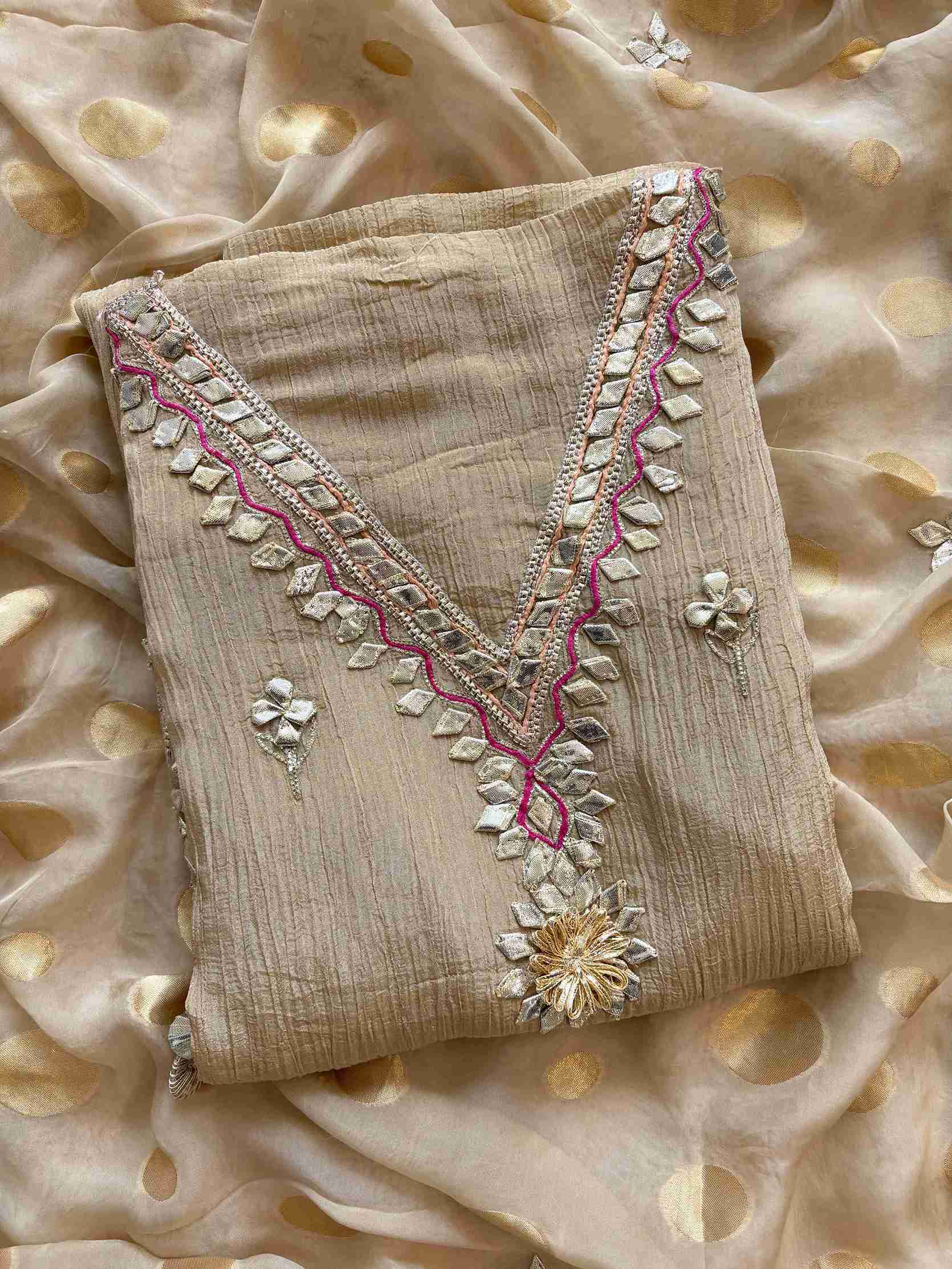 Crushed Tissue Silk unstitched suit with Gota Work - The Zareesh