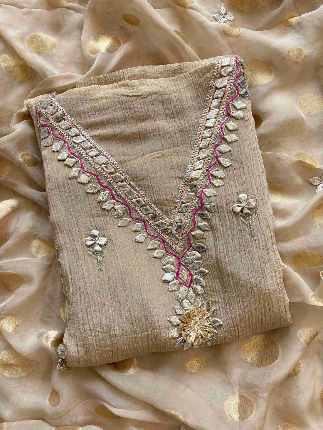 Crushed Tissue Silk unstitched suit with Gota Work - The Zareesh