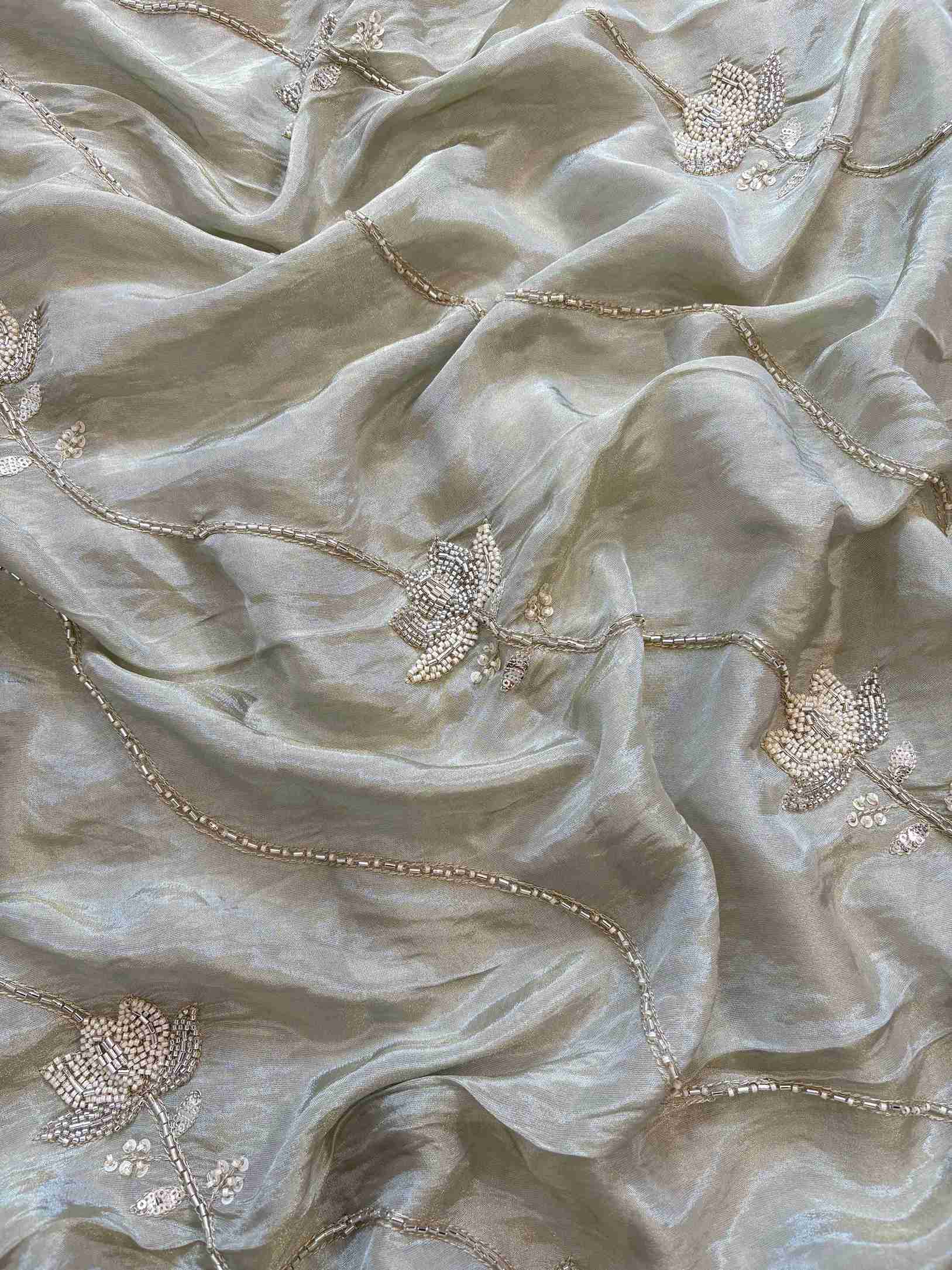 Shimmer Tissue Partywear Unstitched suits with dabka and cutdana work - The Zareesh