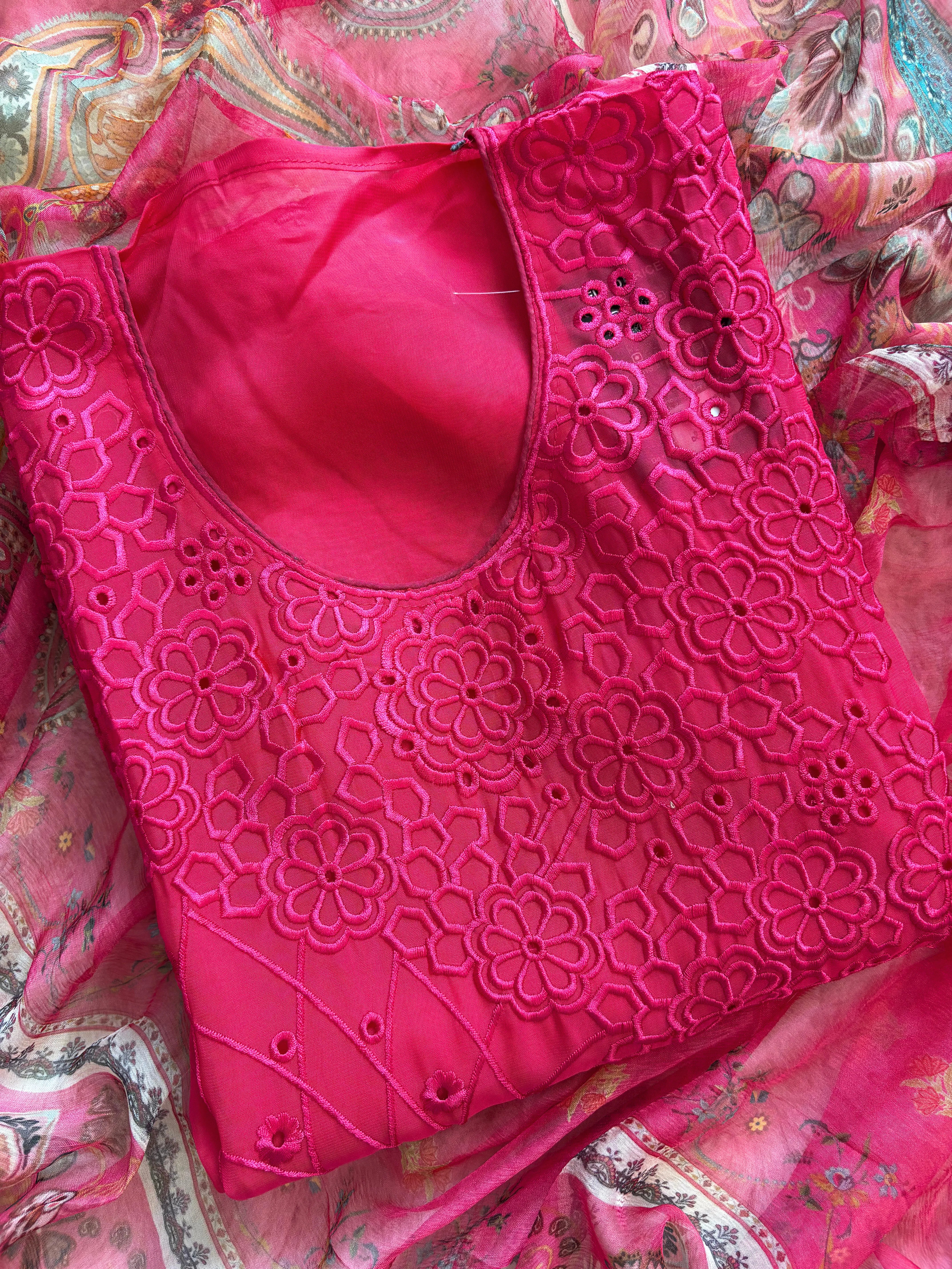 Pink Organza unstitched suit with kashida work - The Zareesh