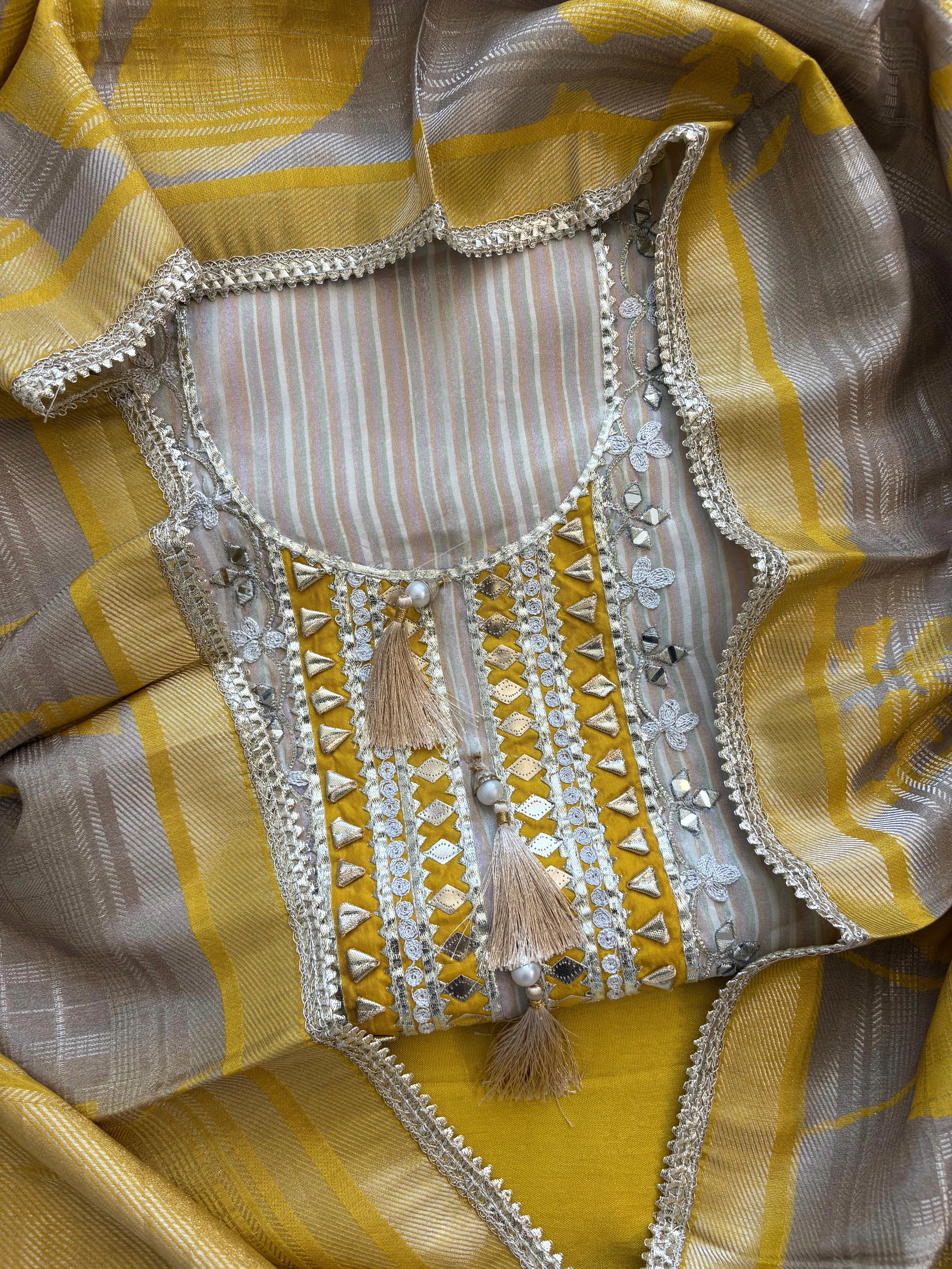Beige & Yellow Shimmer Organza Suit with Gotta Patti Embroidery