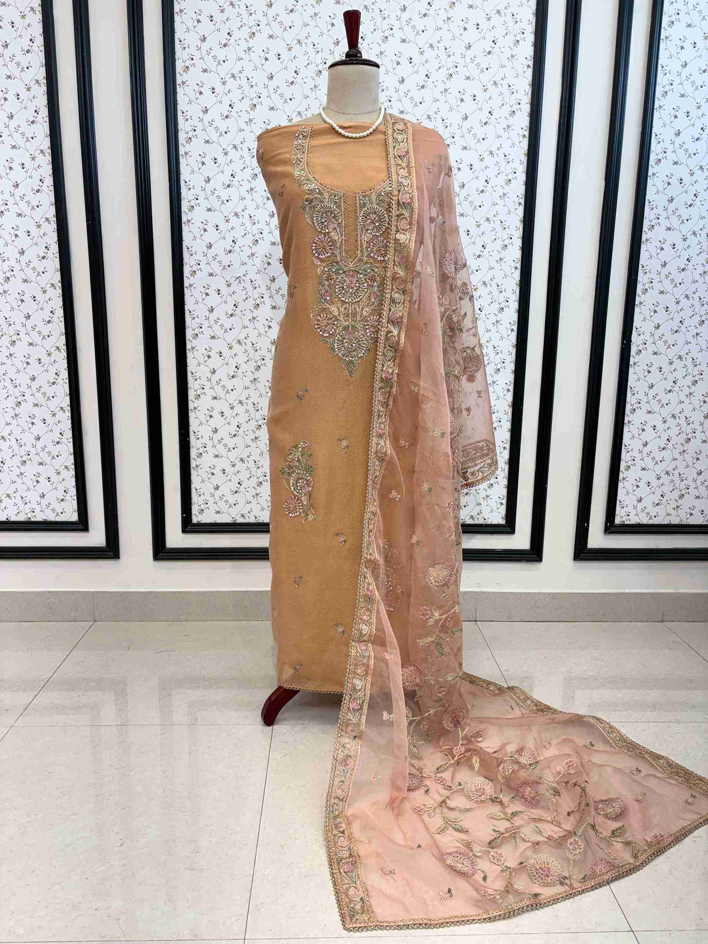 Peach Shimmer Tissue Embroidered Unstitched Suit Set with Organza Dupatta