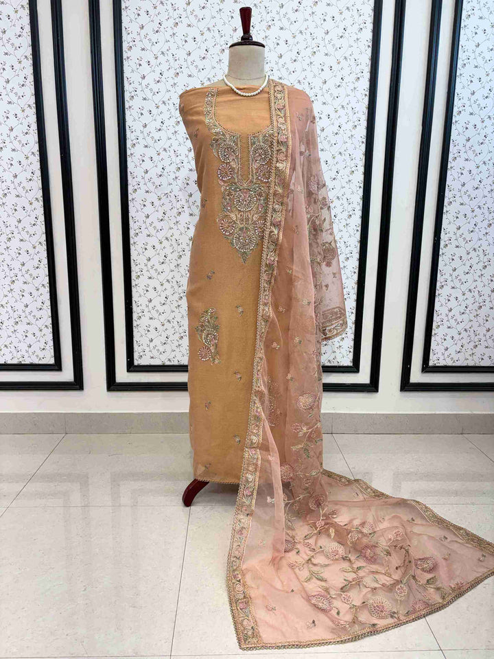 Peach Shimmer Tissue Embroidered Unstitched Suit Set with Organza Dupatta
