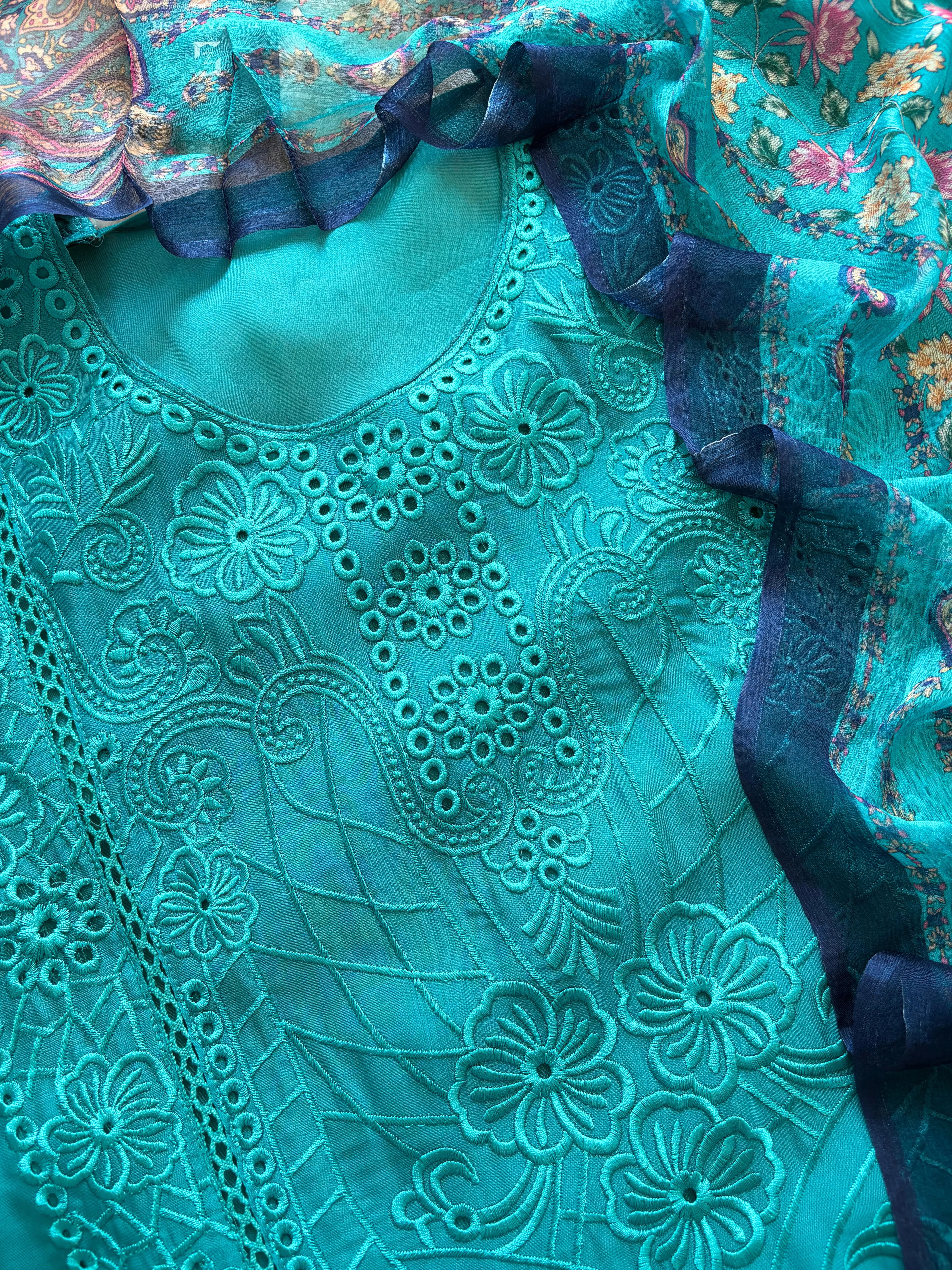 Blue Organza unstitched suit with kashida work - The Zareesh