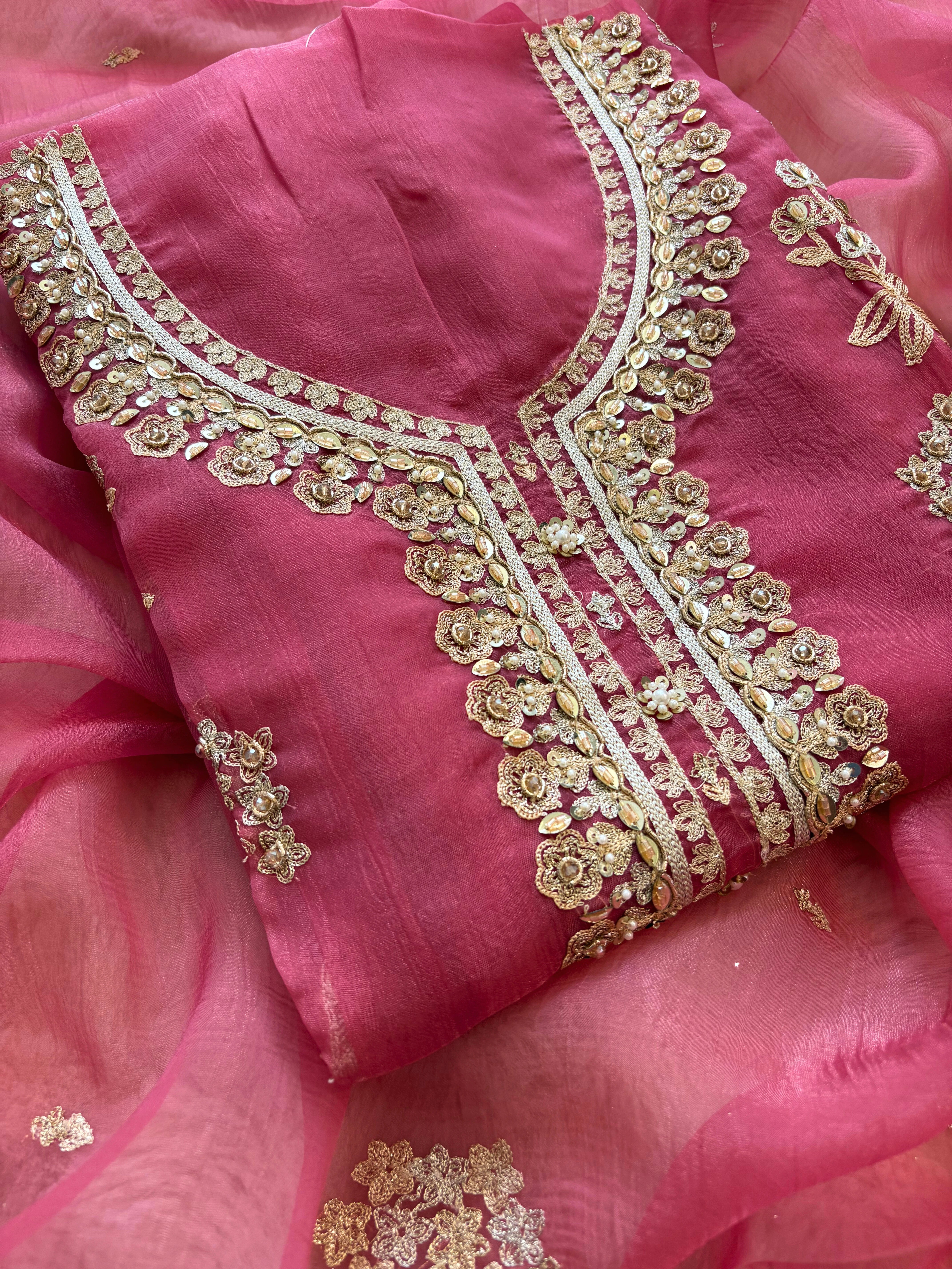 pink organza unstitched suit with zari work and bird(parrot) figure