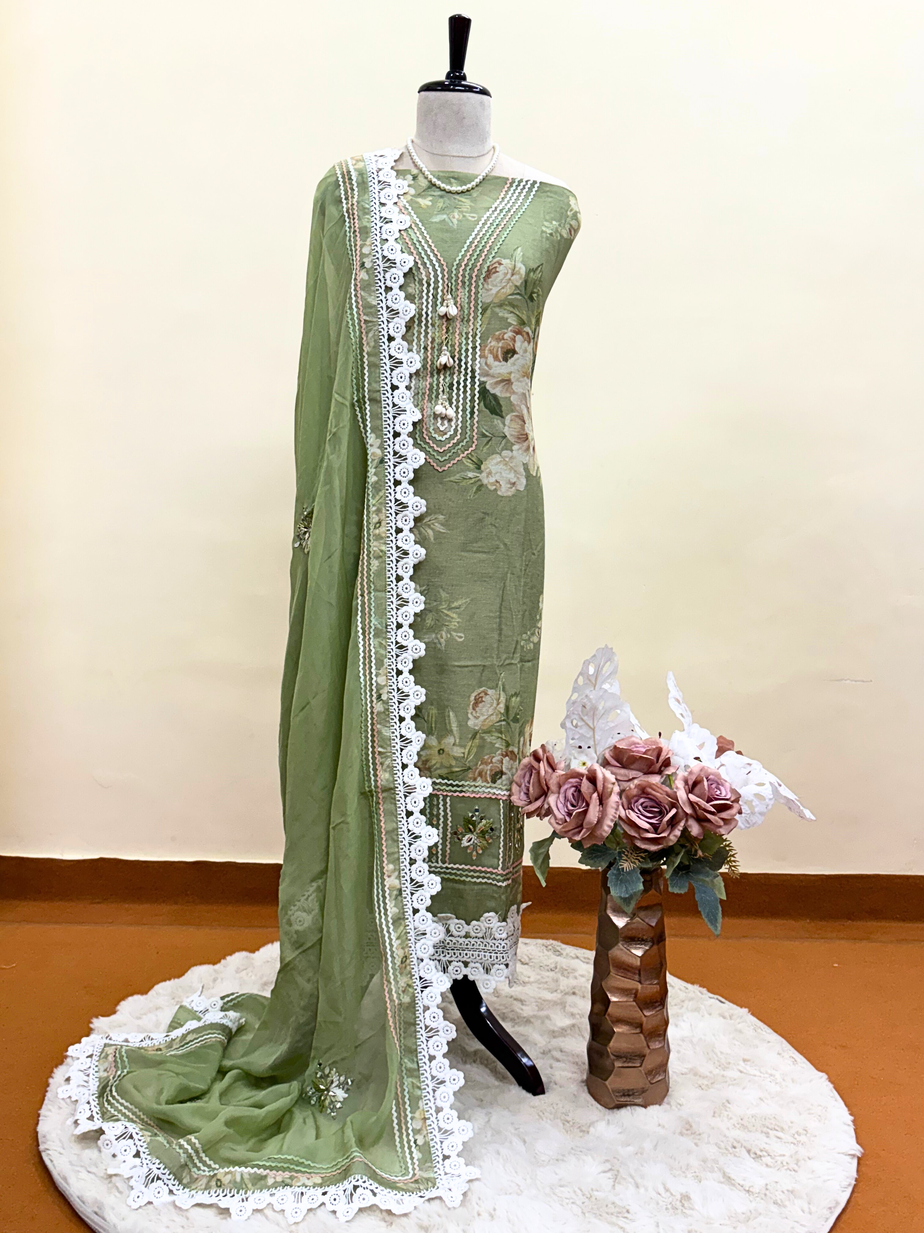 Haya-e-Bahar: Pastel Green Floral Linen Suit with Lace Detailing Organza Dupatta