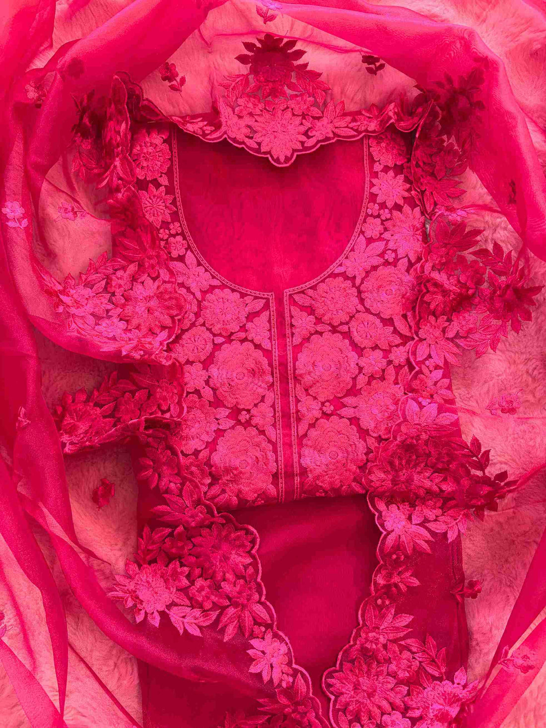 Hot Pink Glass Organza Unstitched Suit with Monotone Thread Embroidery