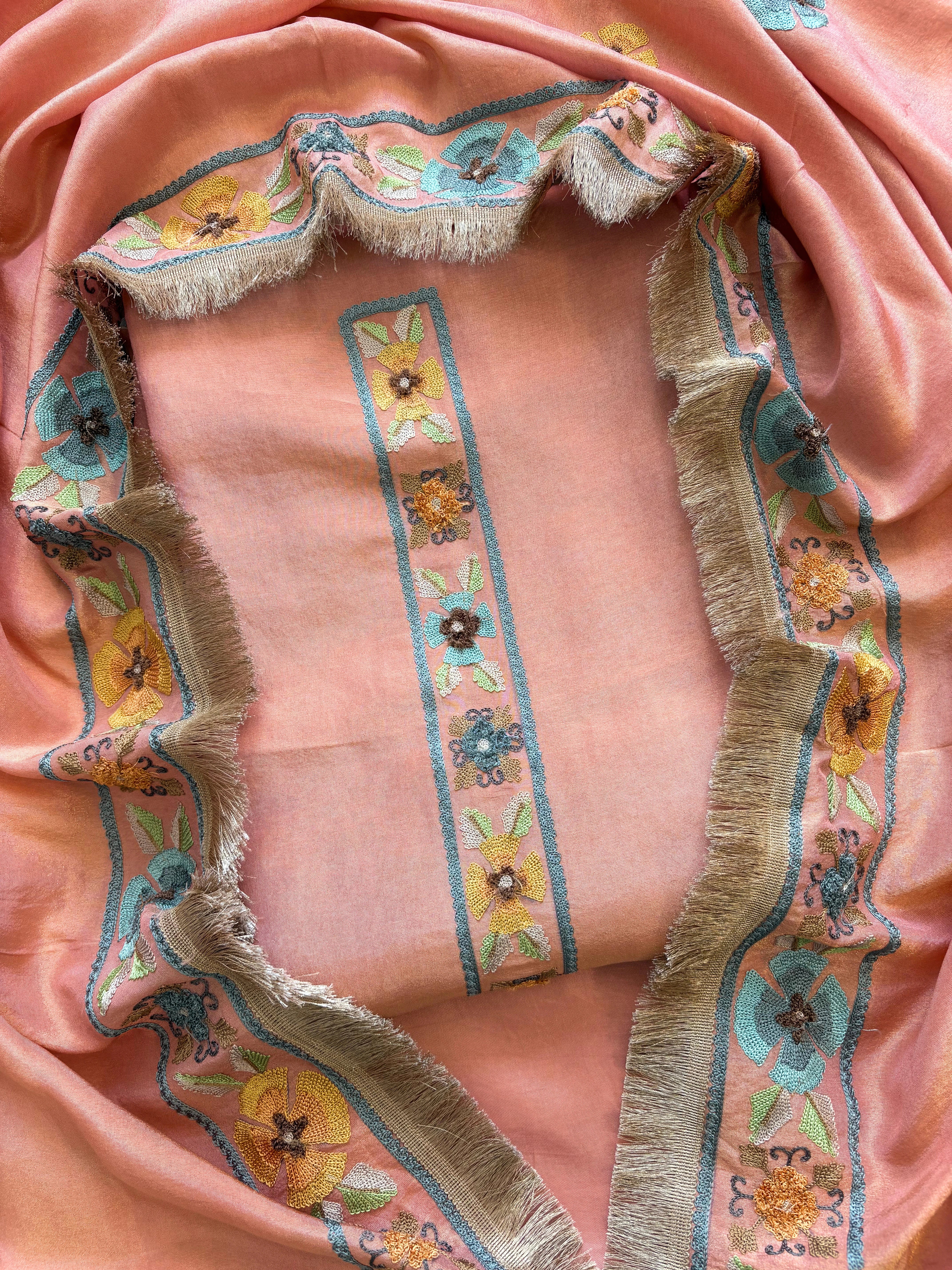 peach shimmer organza with kashida work and kiran lace highlighting