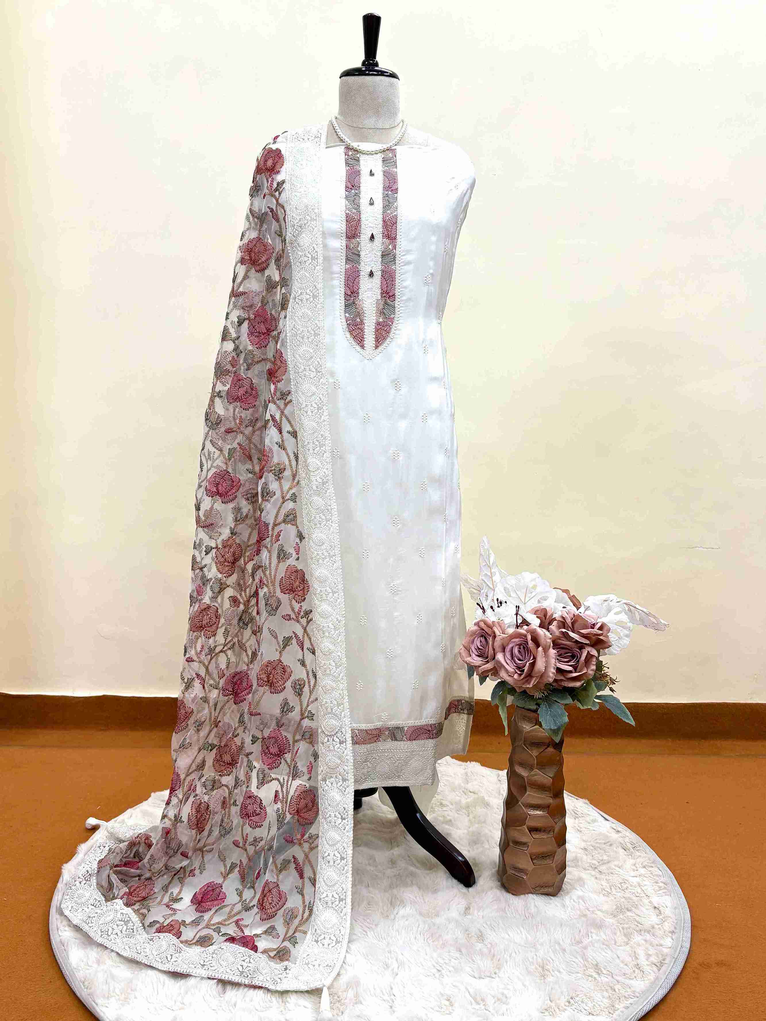 white crepe unstitched suit with jaal work dupatta