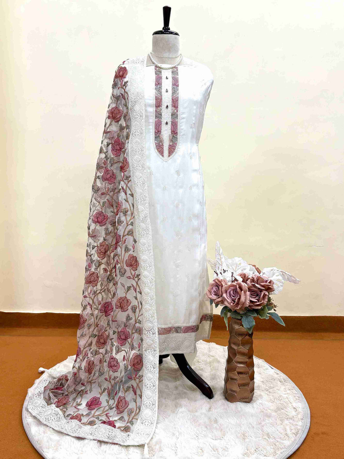 white crepe unstitched suit with jaal work dupatta