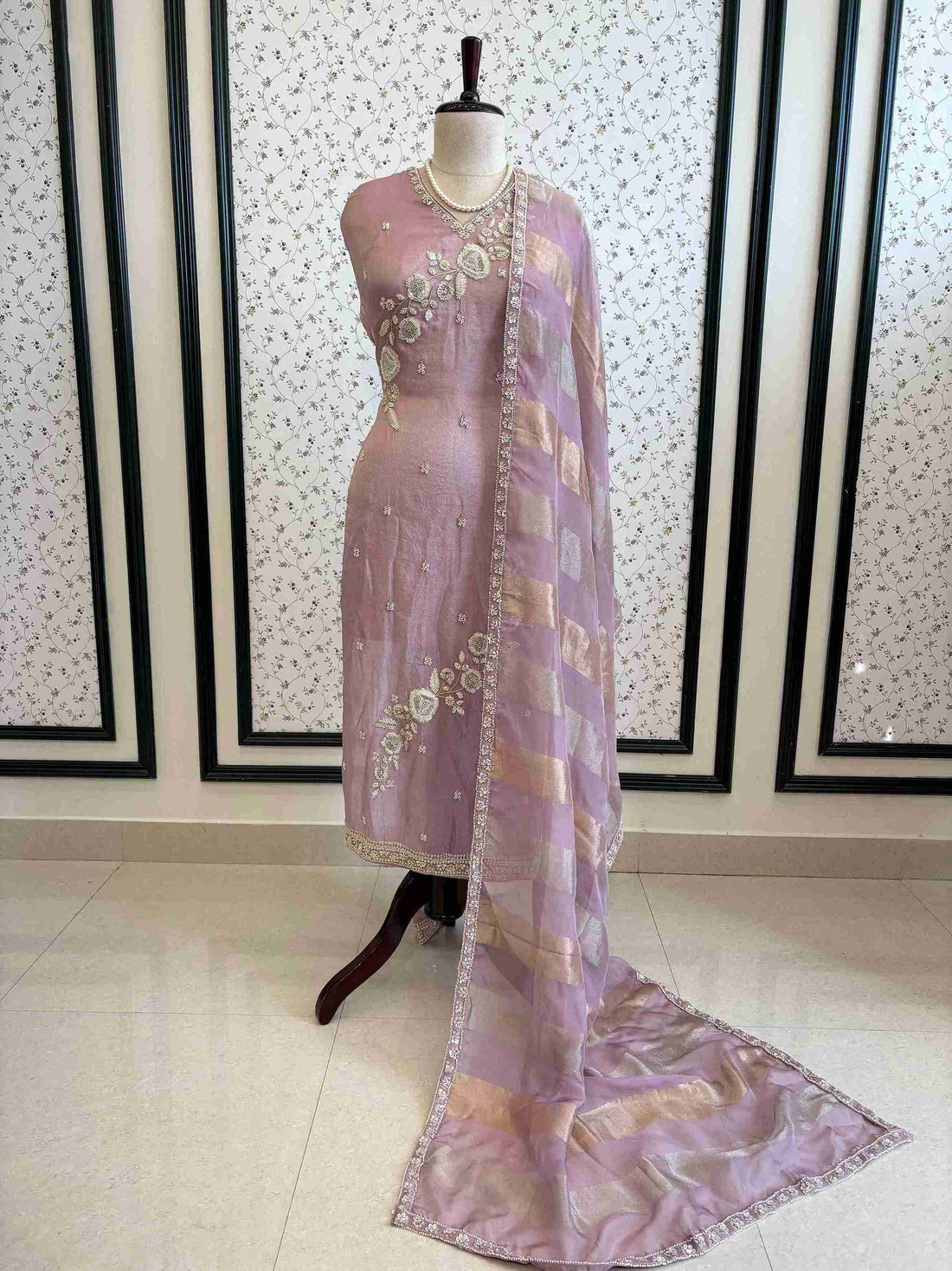 TISSUE suit set with cutdana work - The Zareesh