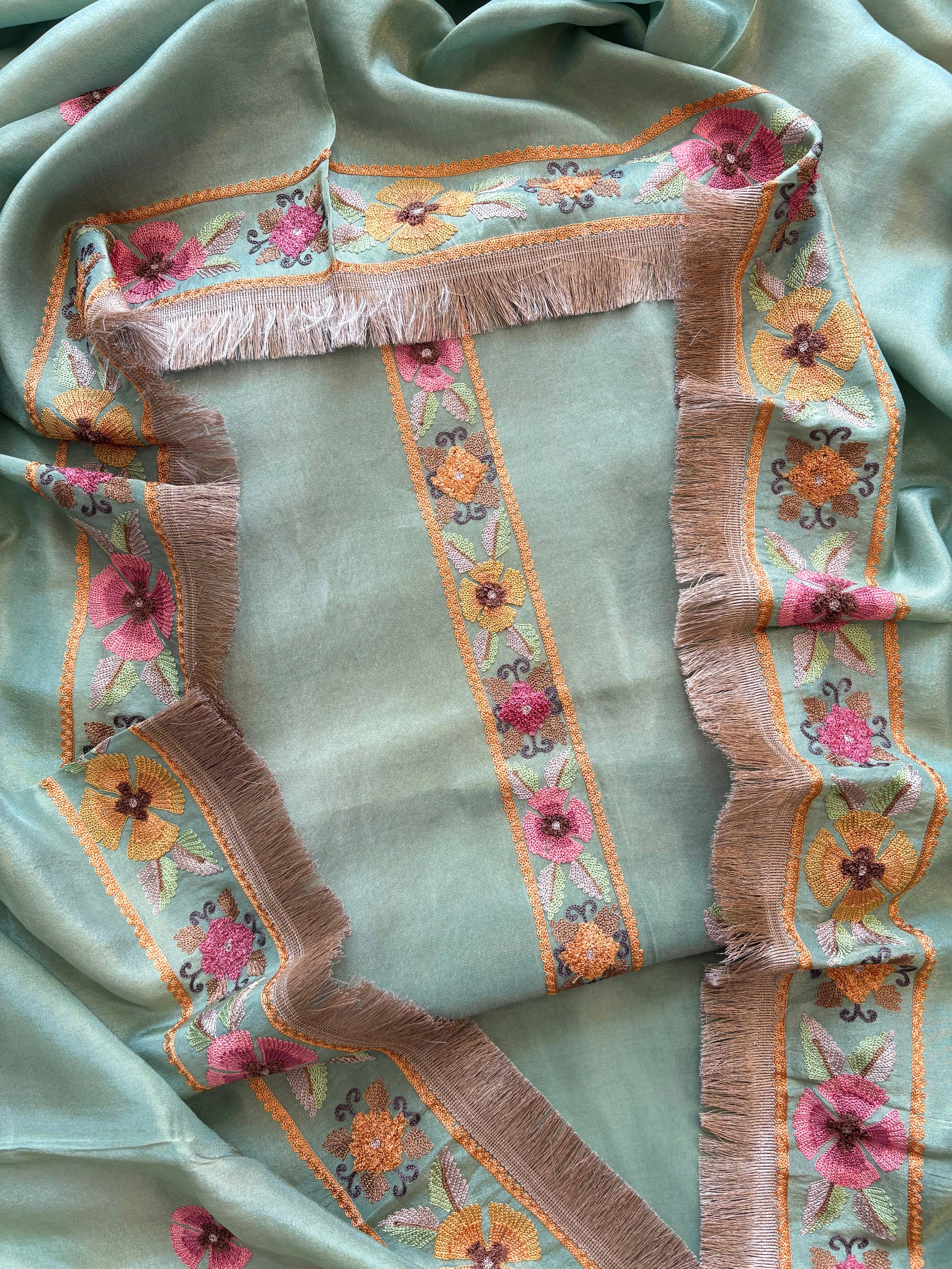 aqua green shimmer organza with kashida work and kiran lace highlighting