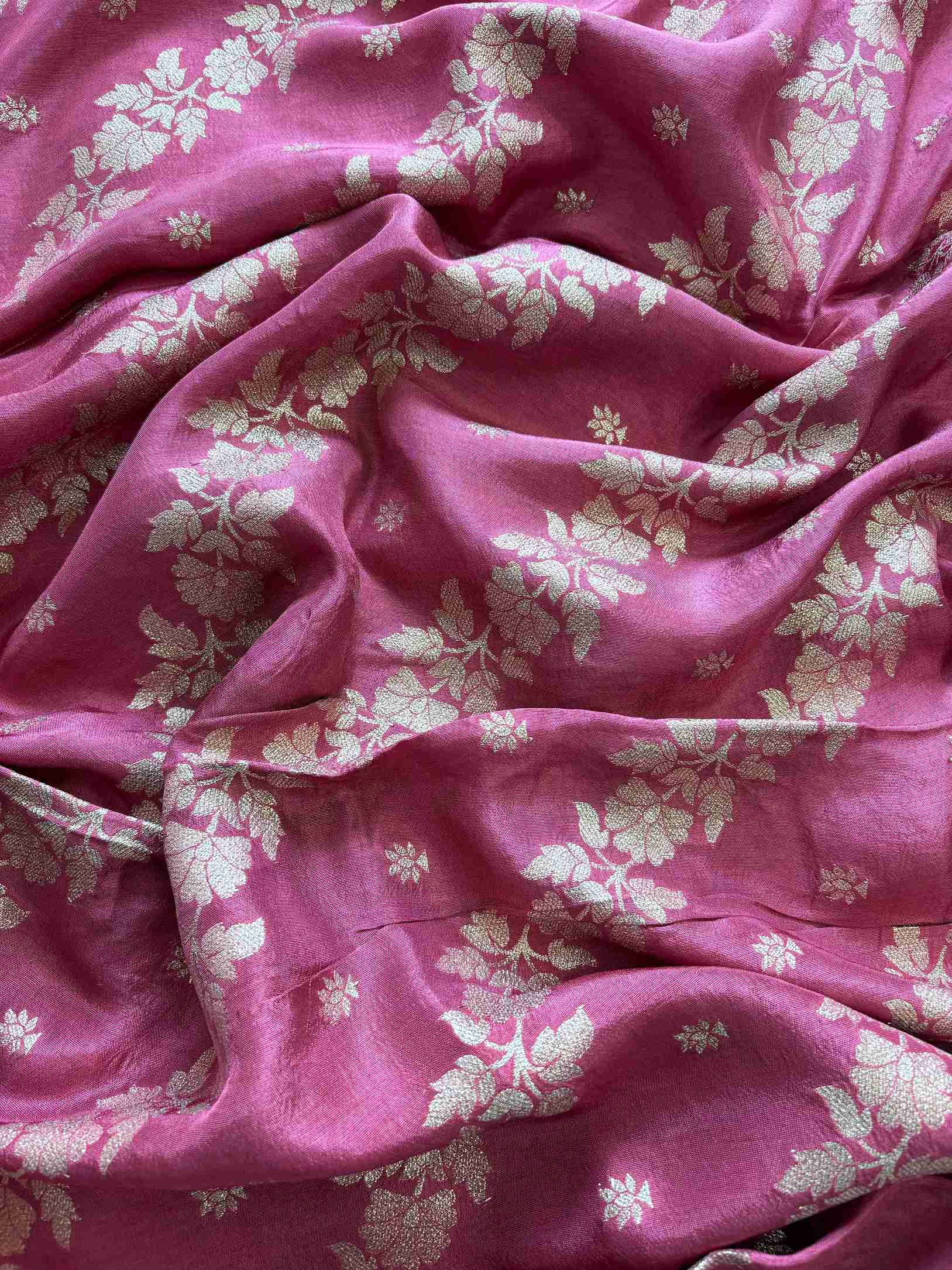 satin organza pink unstitched suit with zardozi neckline