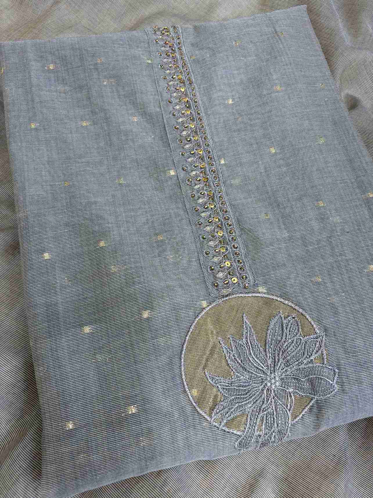 Grey Jamdani Cotton Unstitched Suit | Minimalist Applique Floral Neckline | Broad Gold Zari Patta Hemline & Applique Corner Dupatta Women's Suit