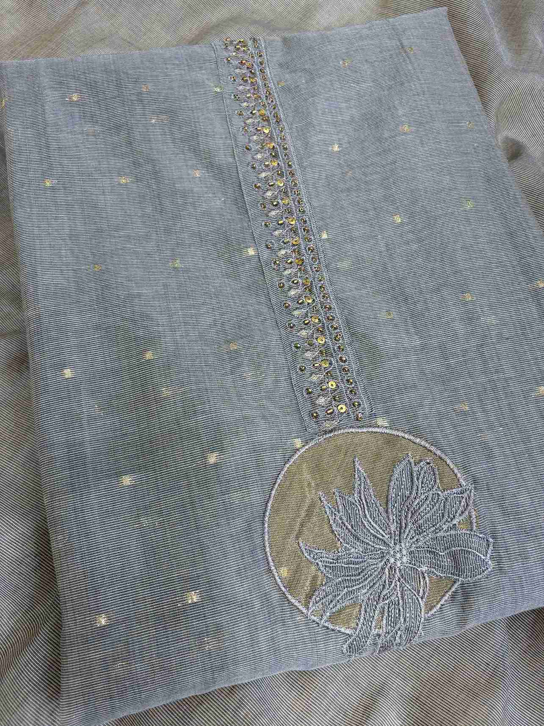 Grey Jamdani Cotton Unstitched Suit | Minimalist Applique Floral Neckline | Broad Gold Zari Patta Hemline & Applique Corner Dupatta Women's Suit