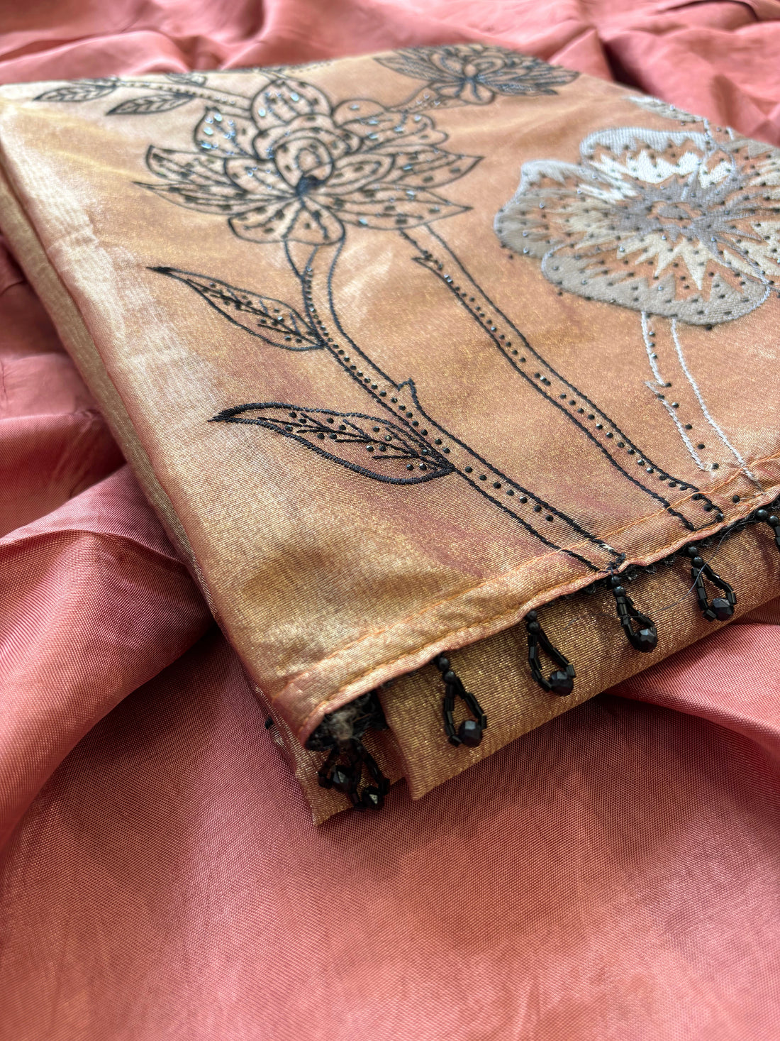 Rust Glass Tissue Suit with Intricate Embroidery & Organza Dupatta