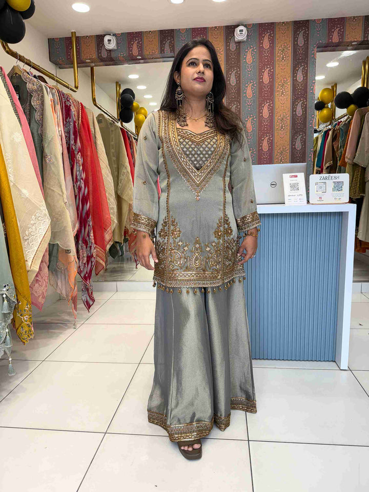Grey Tissue Embroidered Kurta Sharara Set with Gold Zari, Sequin and Beadwork | Designer Party Wear