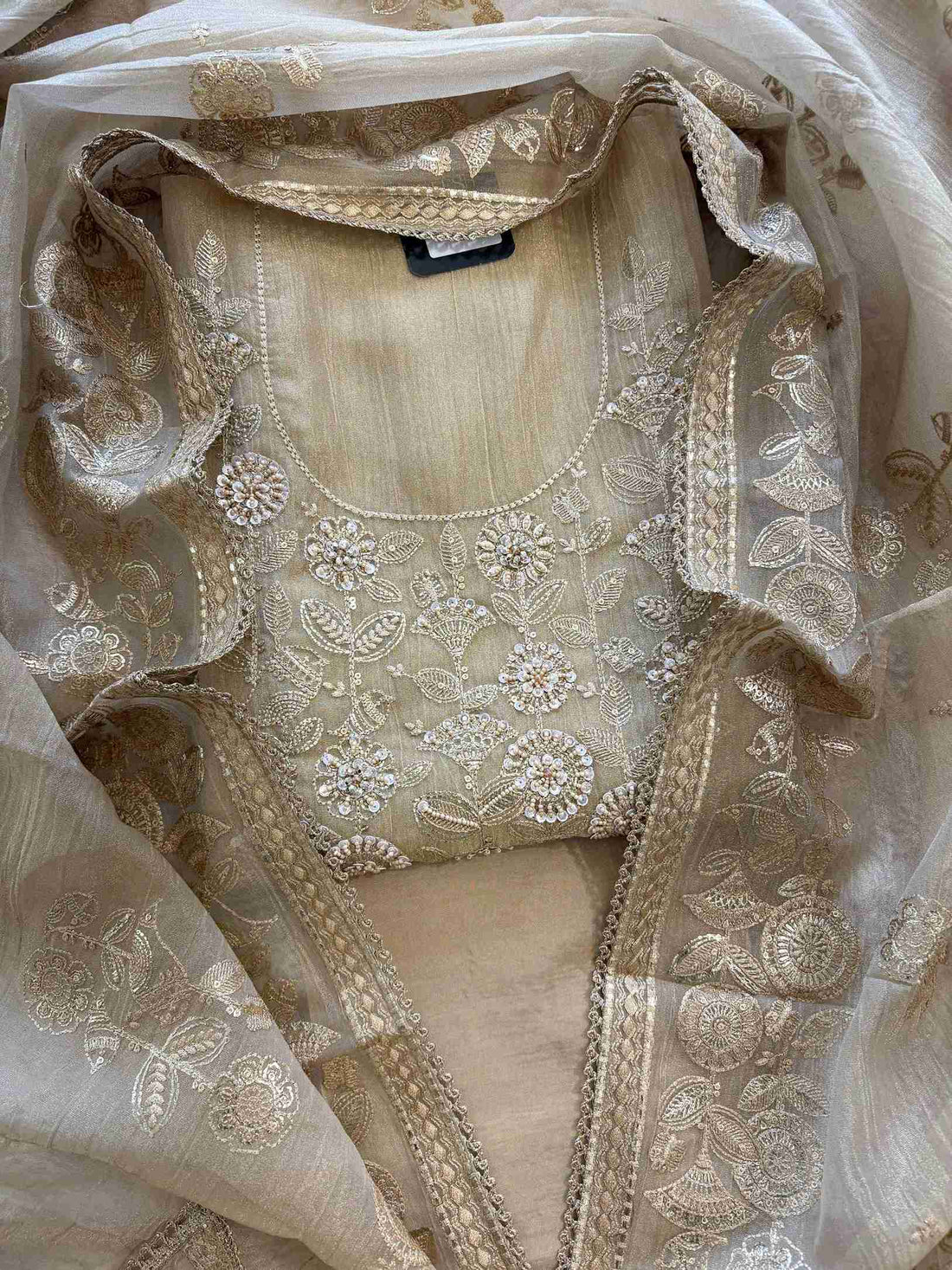 Golden Beige Crush Tissue Unstitched Suit with Pitta Work Neckline