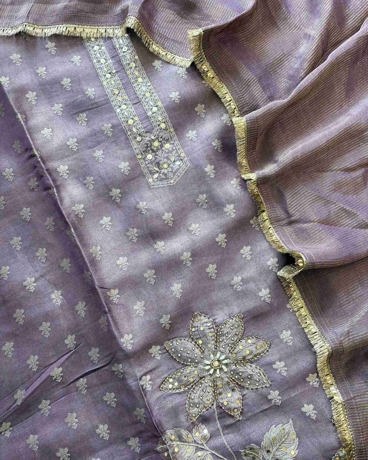 Shimmer Tissue unstitched suit in Lavendar color- The Zareesh