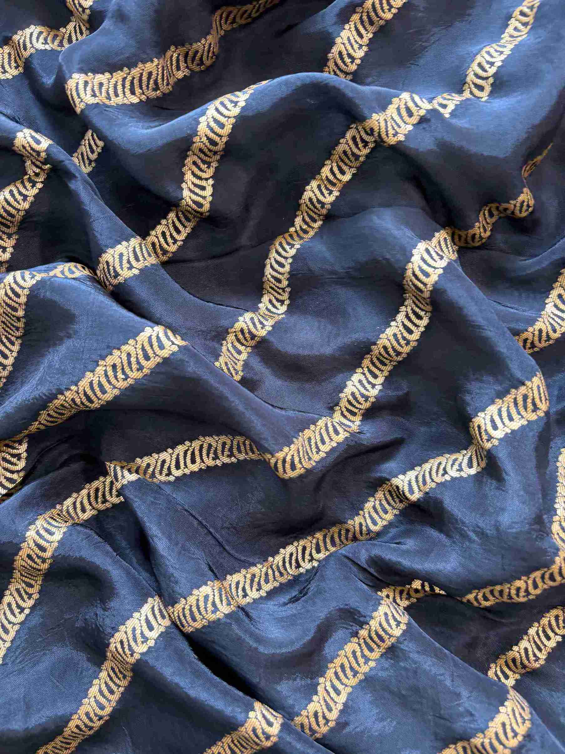 satin organza blue unstitched suit with V shape zardozi neckline