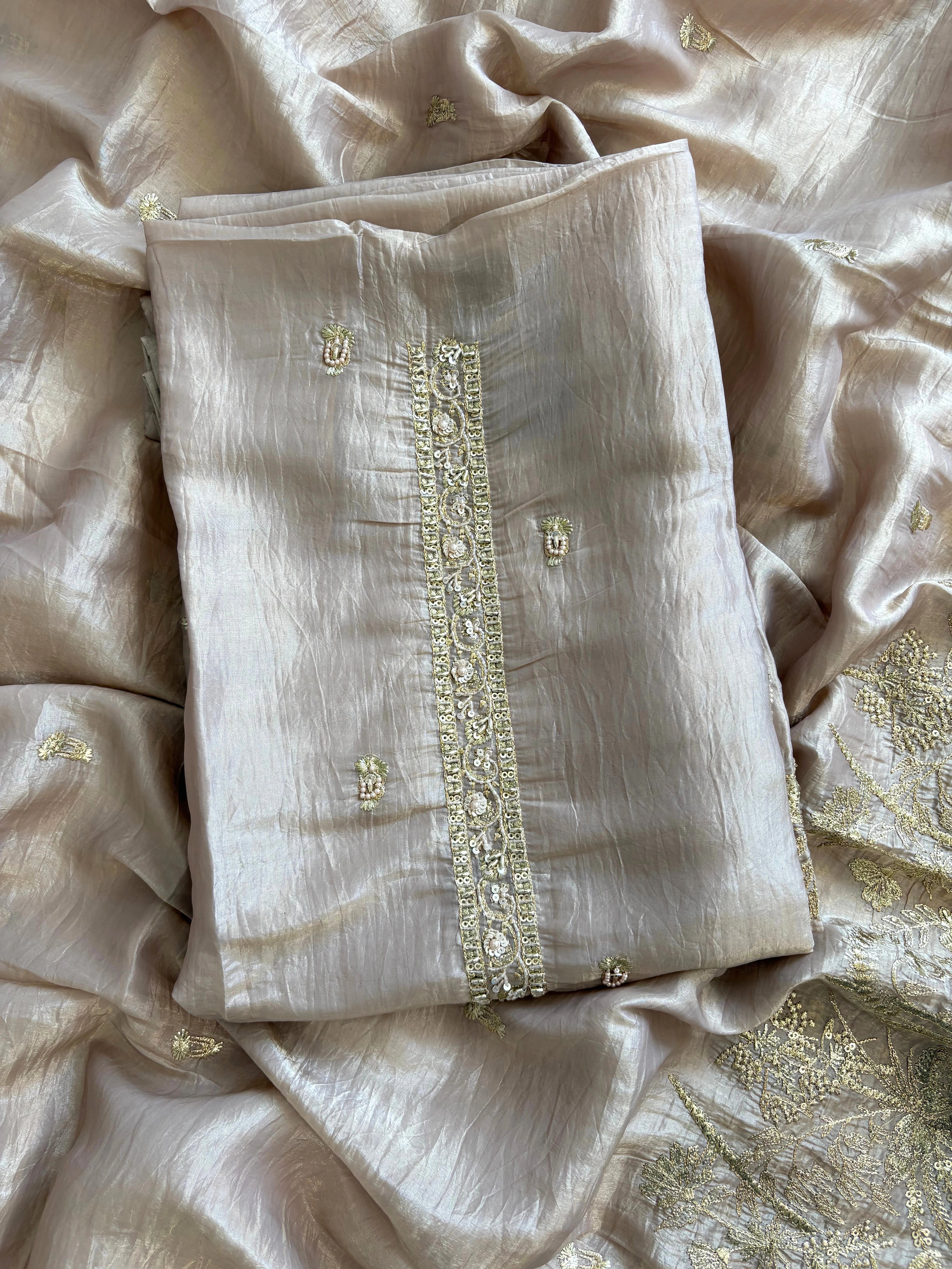 Nude Mauve Tissue Suit with Zari Embroidery & Tissue Dupatta