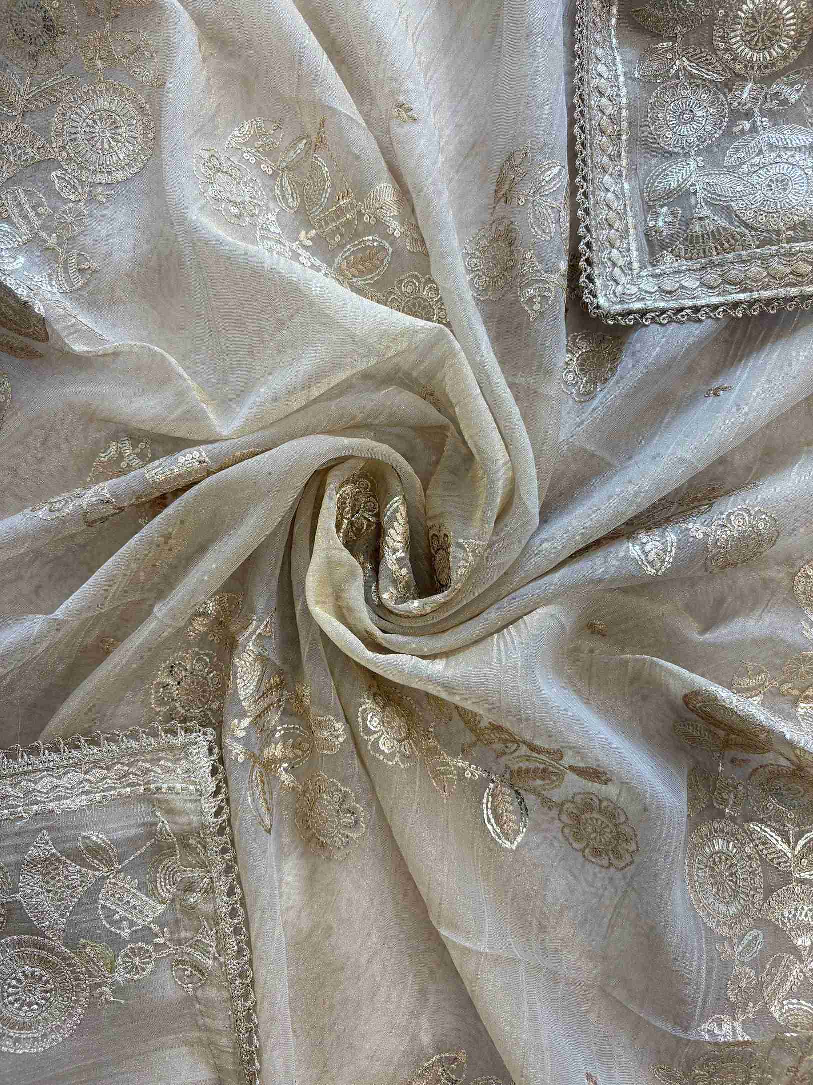 Golden Beige Crush Tissue Unstitched Suit with Pitta Work Neckline