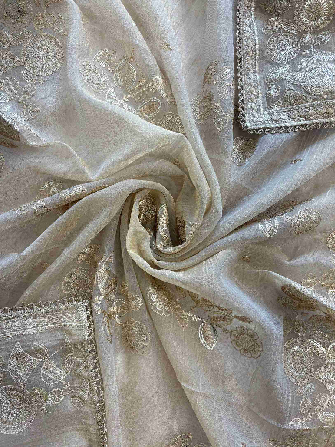 Golden Beige Crush Tissue Unstitched Suit with Pitta Work Neckline