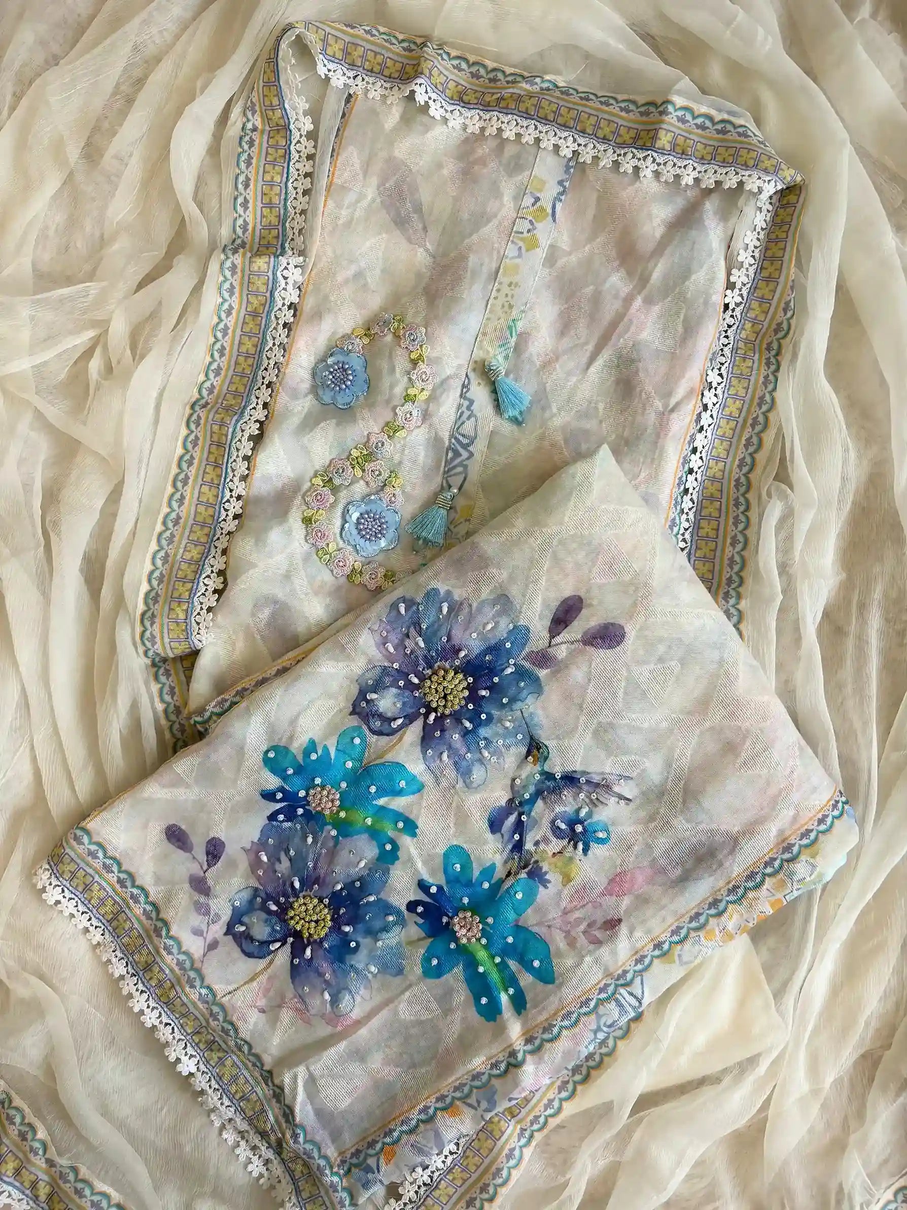 pure linen unstitched suit with chiffon dupatta