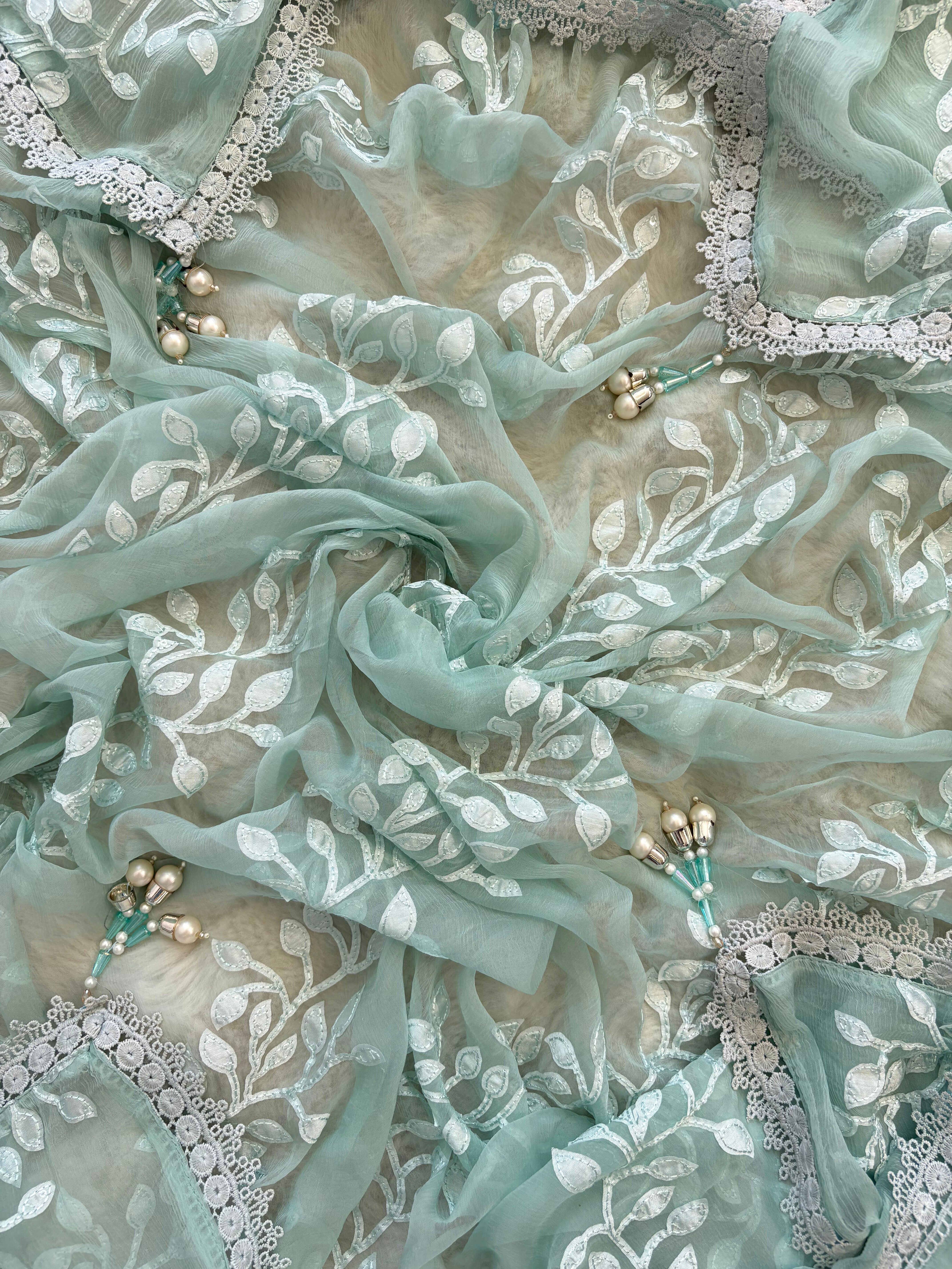 Pastel Green suit with applique embroidery and moti bead embellishments, paired with embroidered organza dupatta.