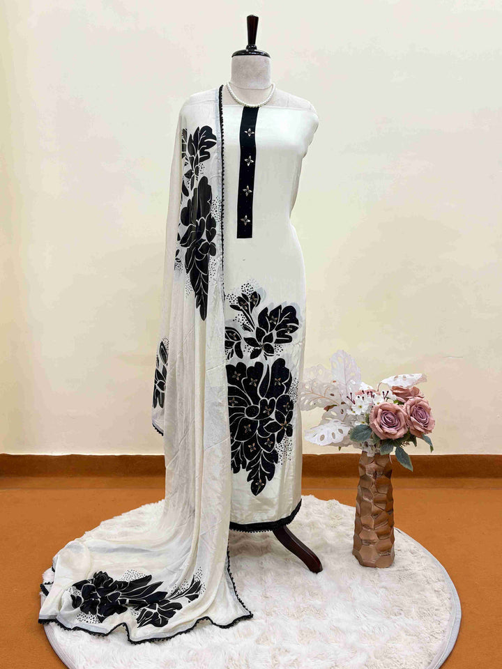 black and white crepe unstitched suit for women in black and white color