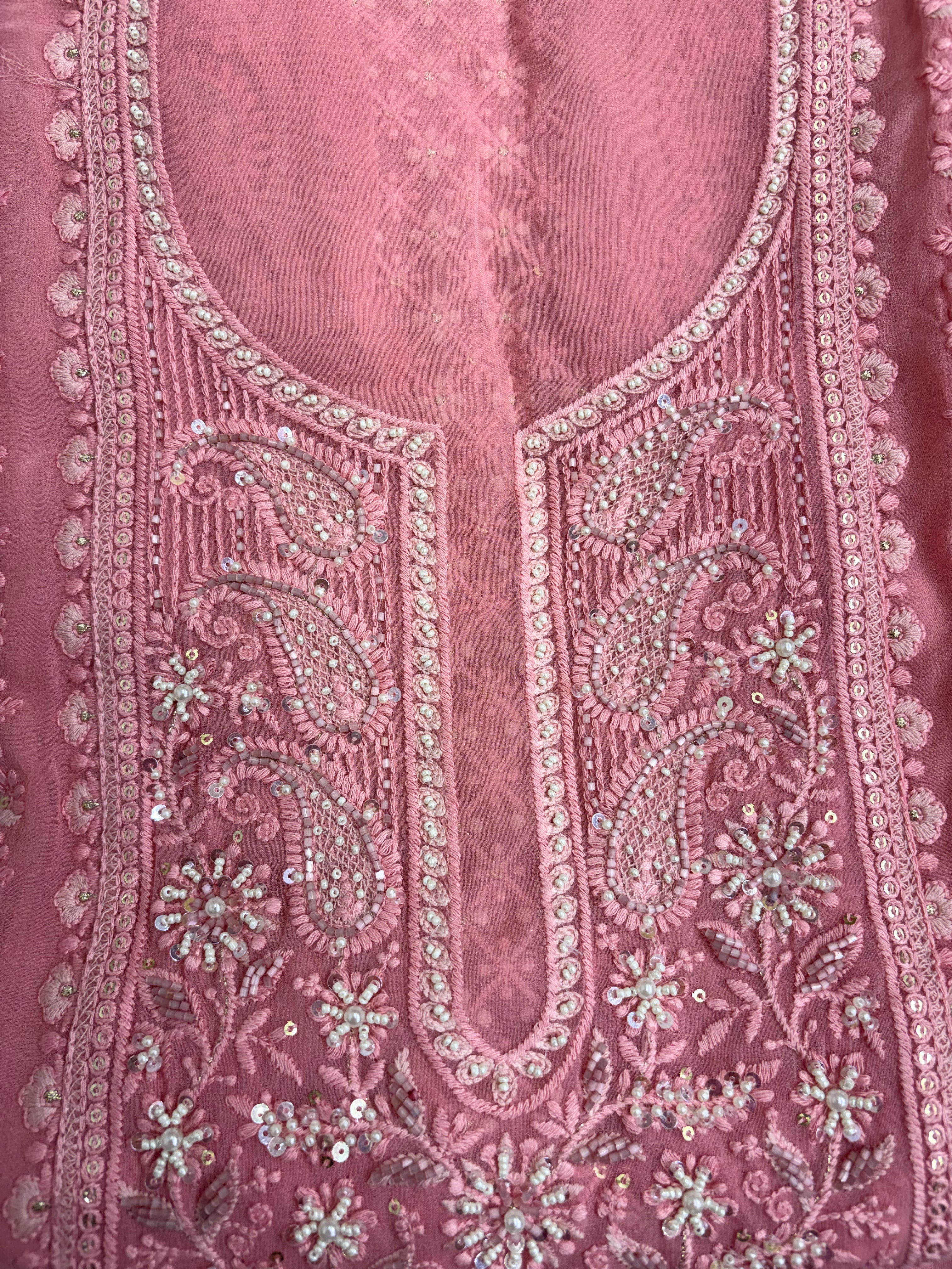 Peach Pink Georgette Unstitched Suit | Chikankari Work | Moti Bead Sequin Neckline & Geometric Panel Women's Suit