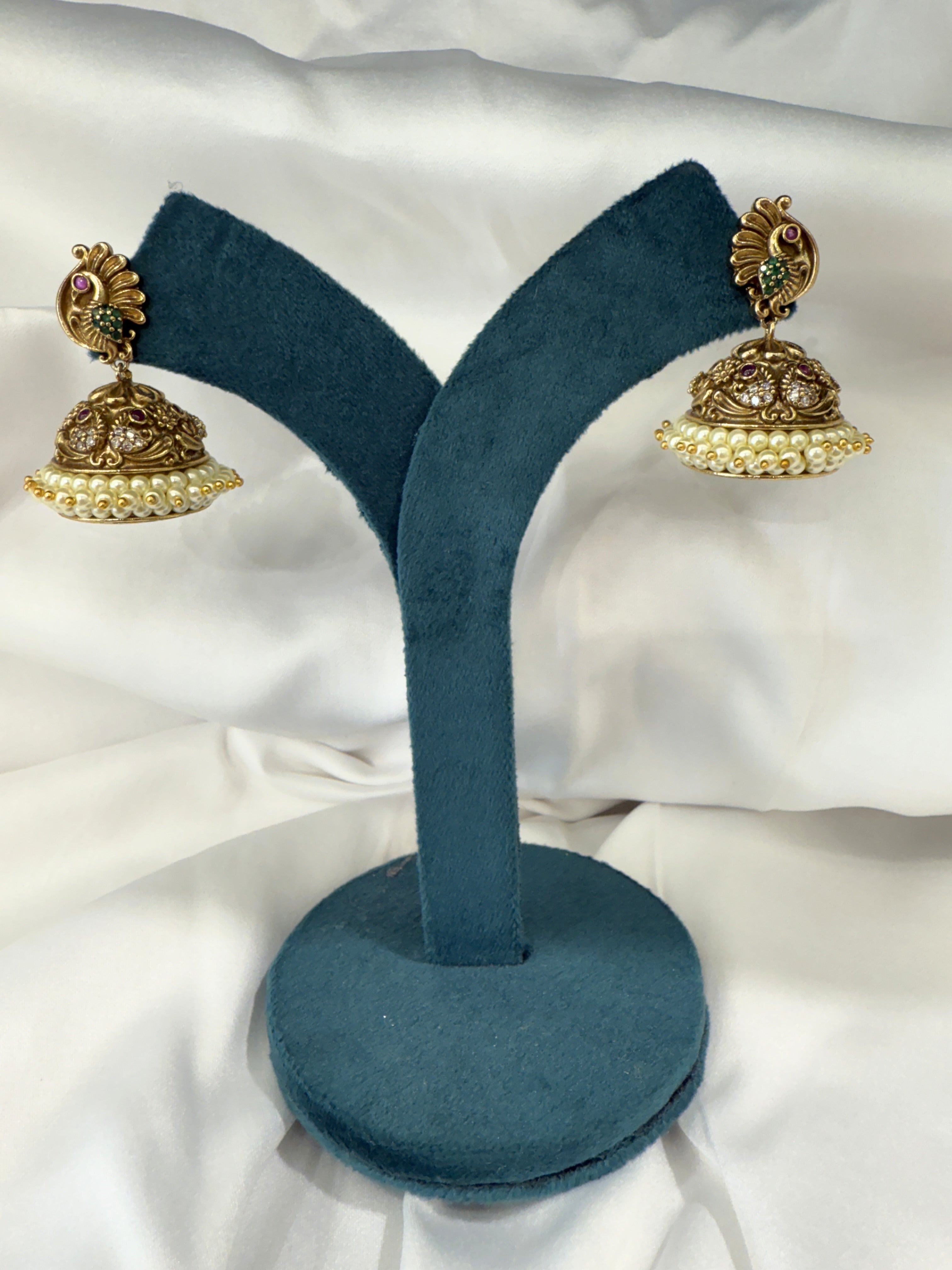 Antique Gold Temple Peacock Jhumka Earrings with Pearl Drops and Ruby Green Stones