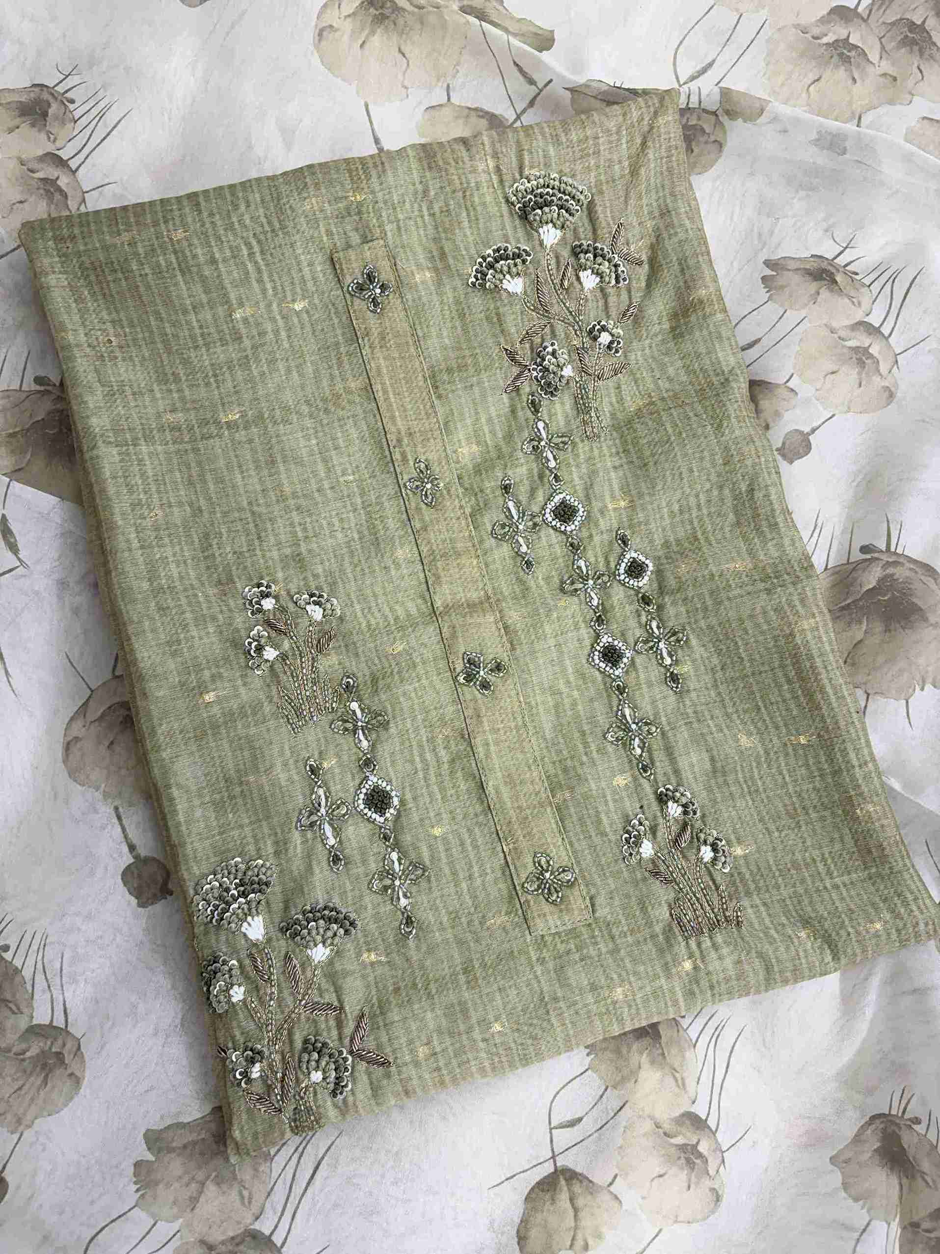 Olive Green Linen Suit with Threadwork & Organza Dupatta with Lace Detailing