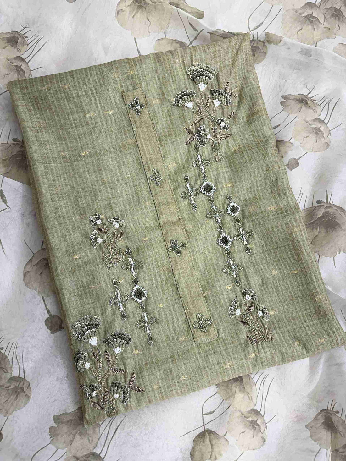 Olive Green Linen Suit with Threadwork & Organza Dupatta with Lace Detailing