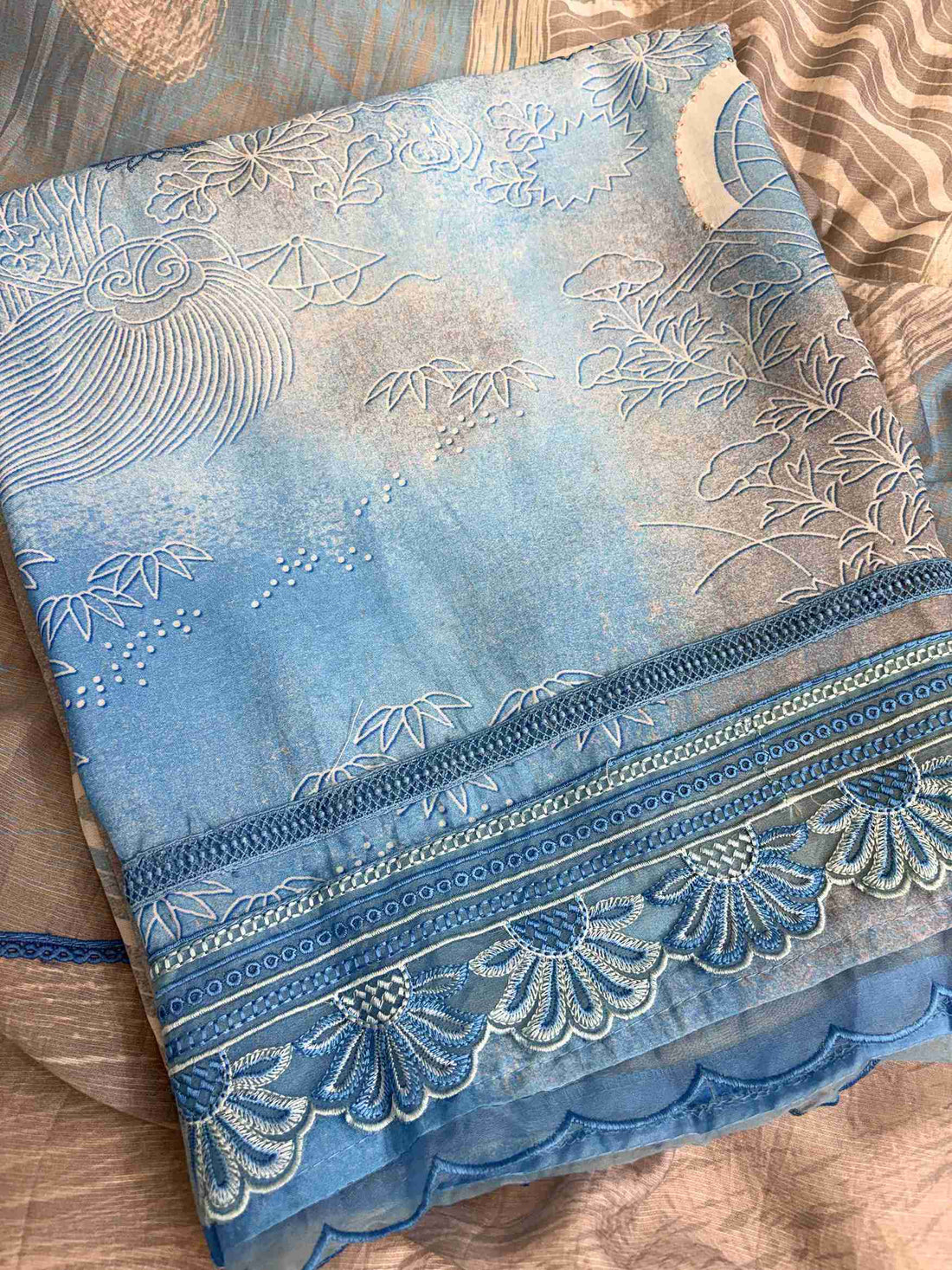 Grey Blue Pure Muslin Digital Print Handwork Unstitched Suit Set