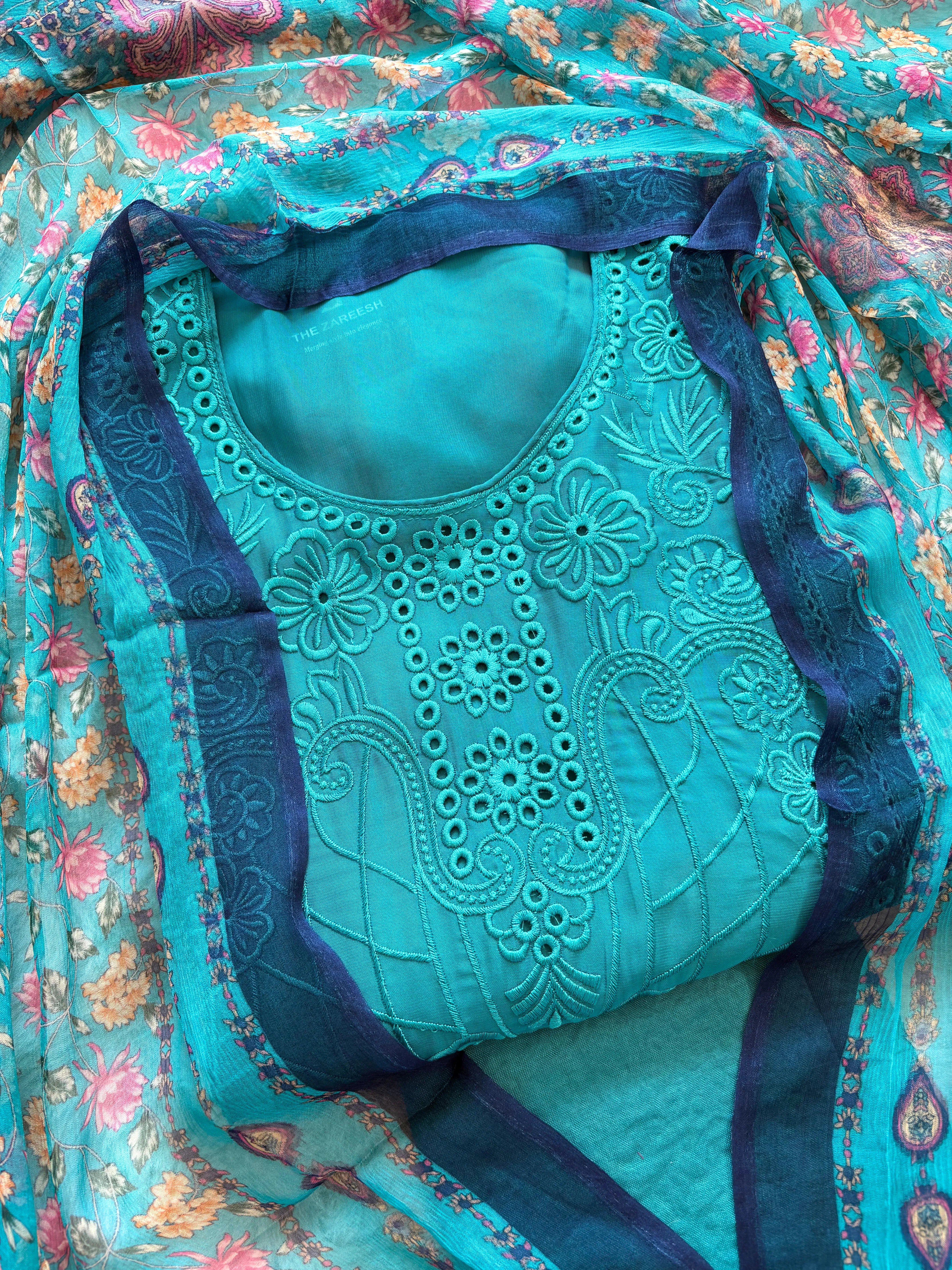 Blue Organza unstitched suit with kashida work - The Zareesh