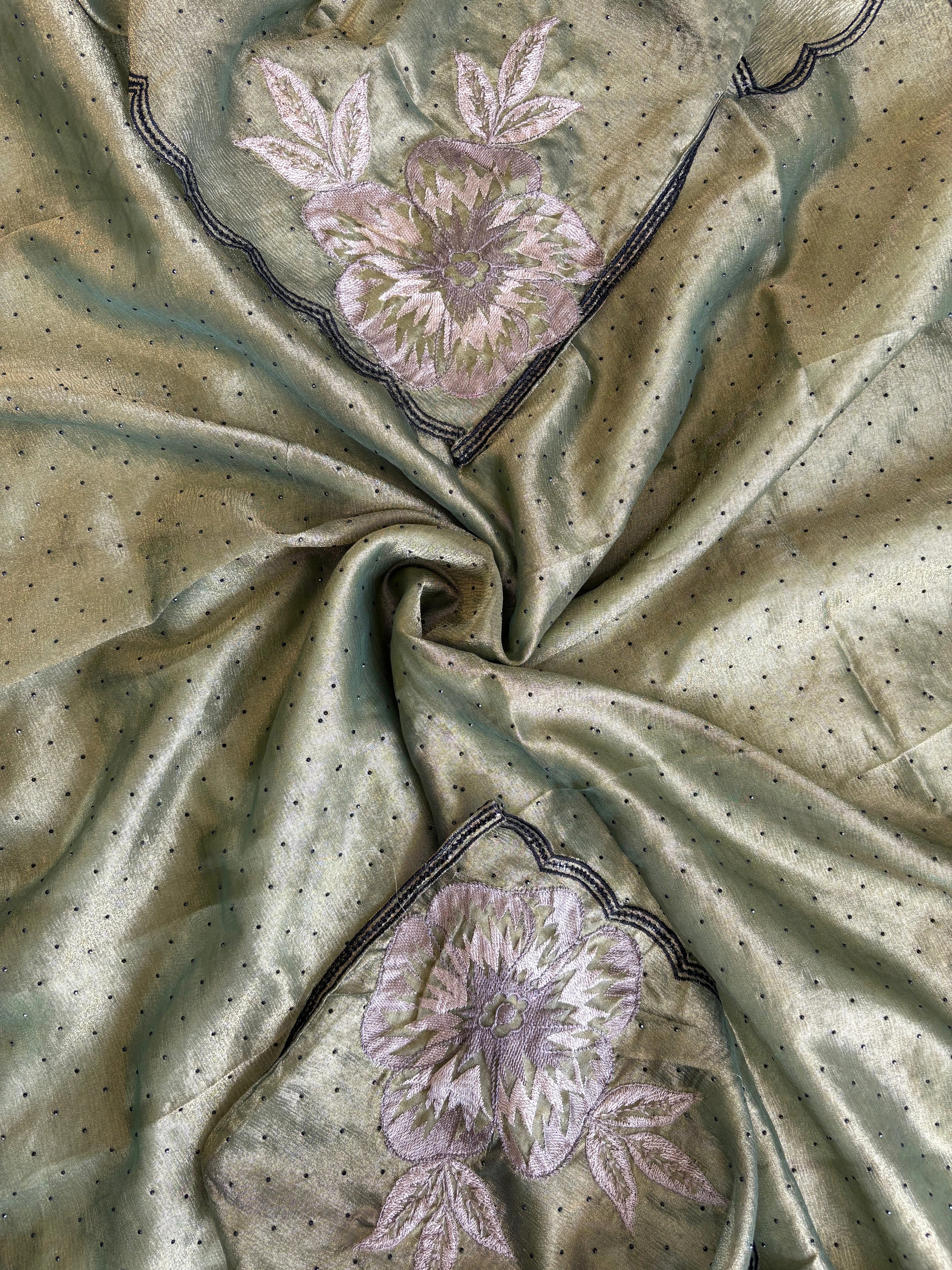 Olive green glass tissue suit with intricate embroidery and organza dupatta – luxury ethnic wear for weddings and festive occasions.