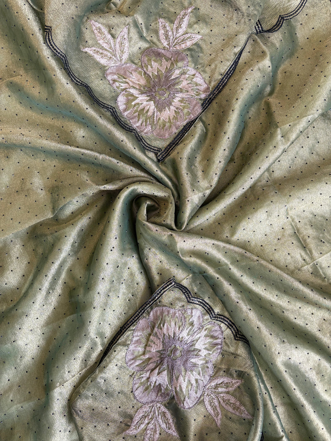 Olive Green Tissue Suit with Intricate Embroidery & Organza Dupatta