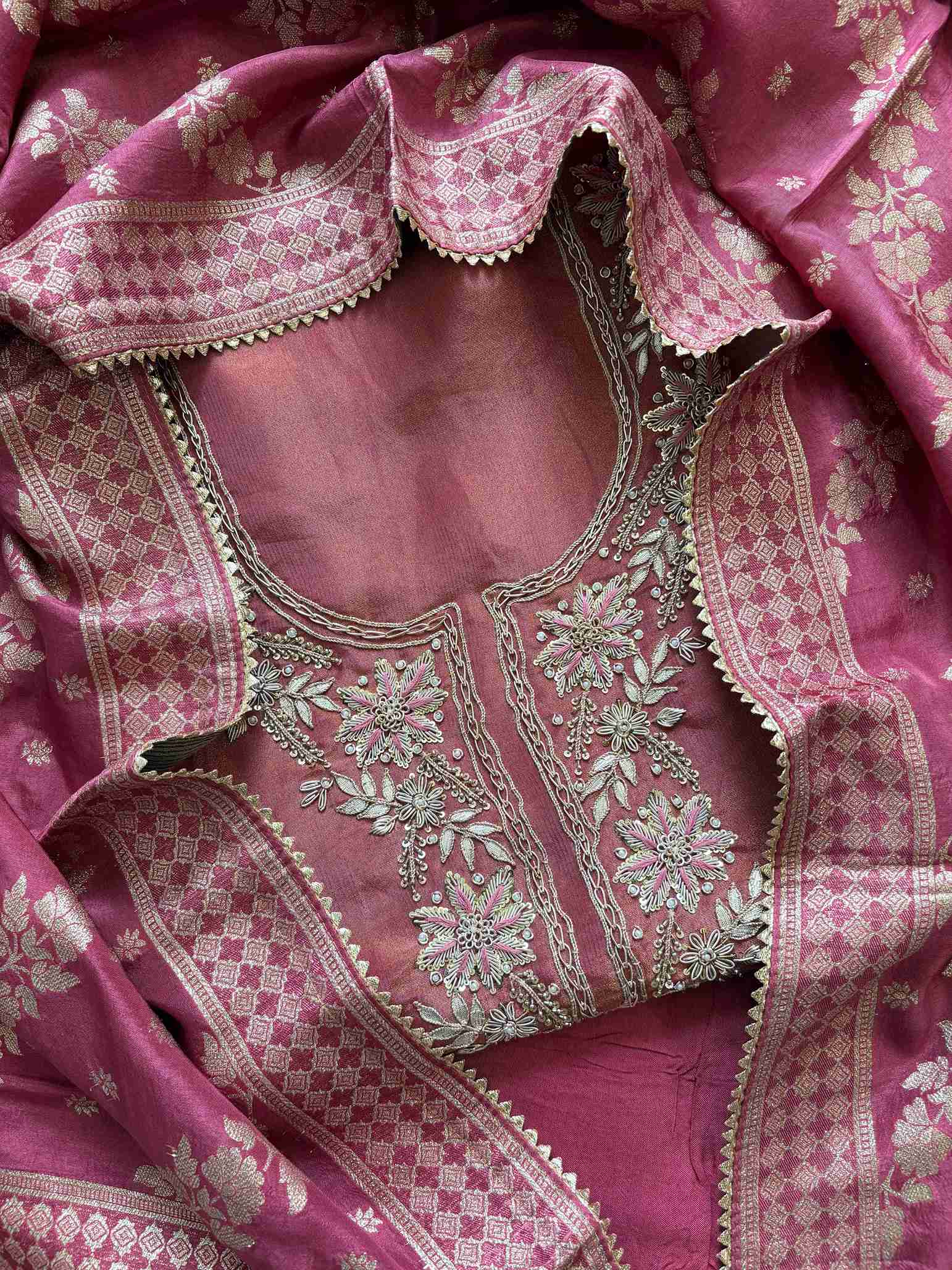 satin organza pink unstitched suit with zardozi neckline
