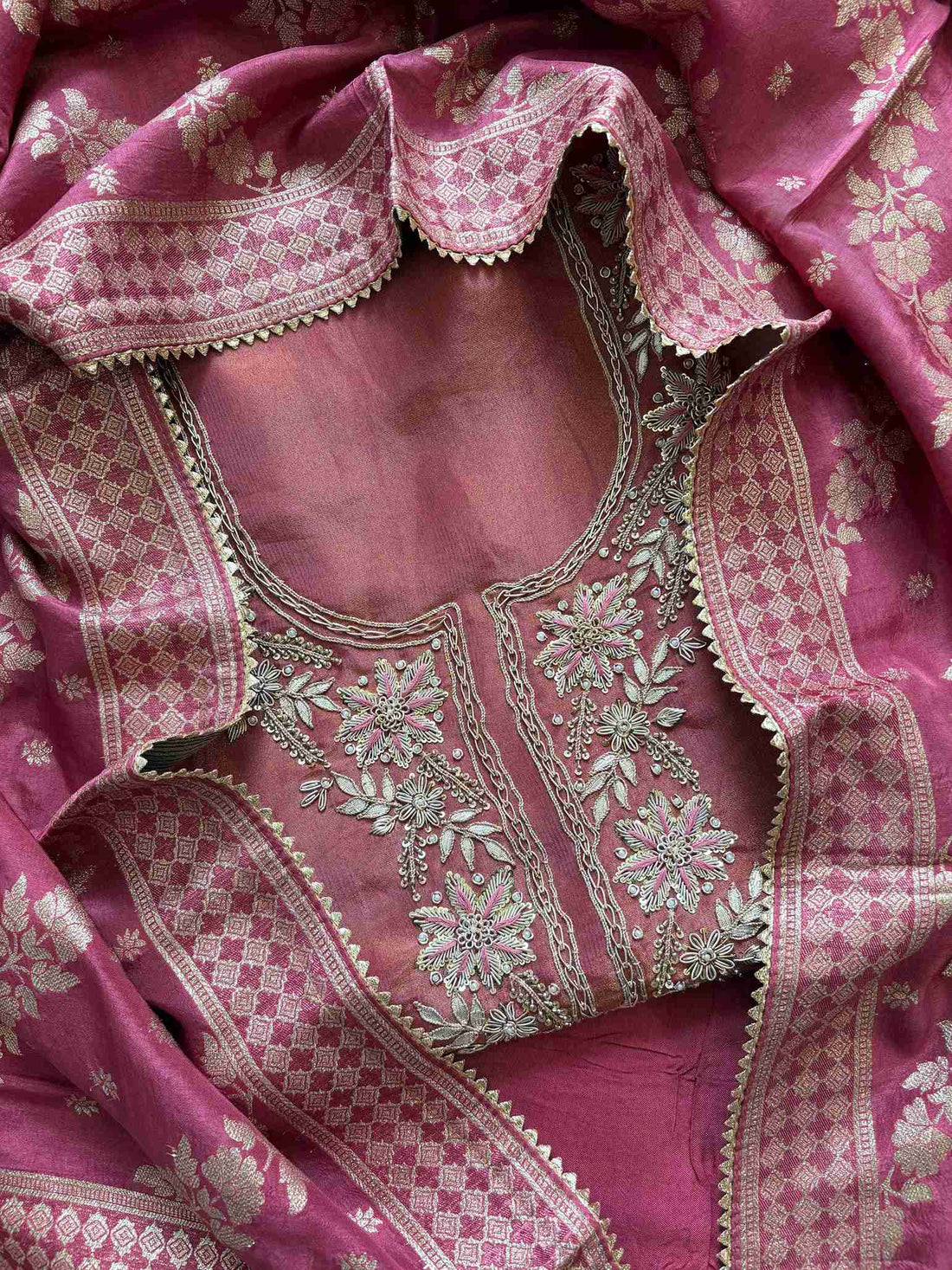satin organza pink unstitched suit with zardozi neckline