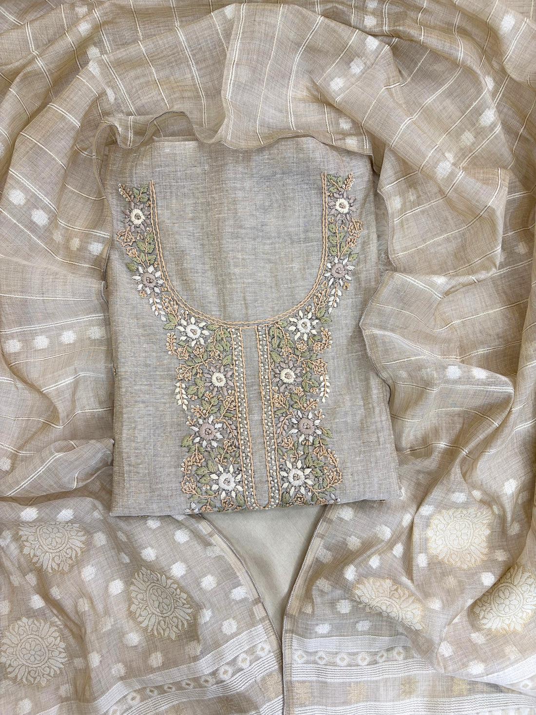 Noor-e-Jaamdani: Taupe Embroidered Suit with Handwoven Jaamdani Dupatta