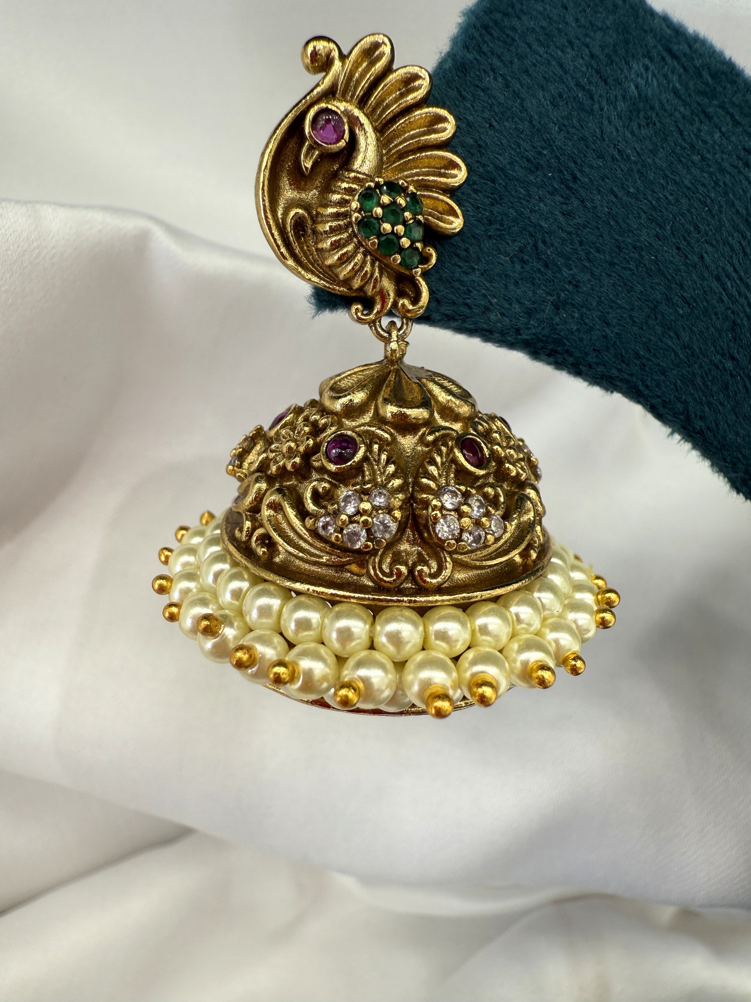 Antique Gold Temple Peacock Jhumka Earrings with Pearl Drops and Ruby Green Stones