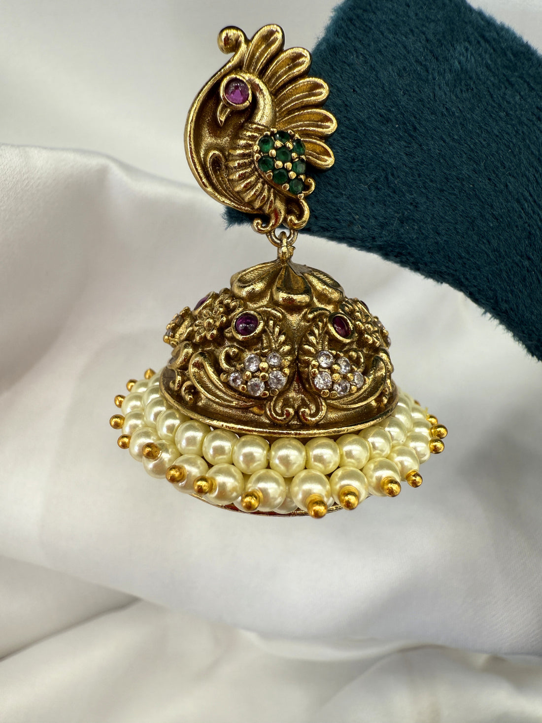 Antique Gold Temple Peacock Jhumka Earrings with Pearl Drops and Ruby Green Stones