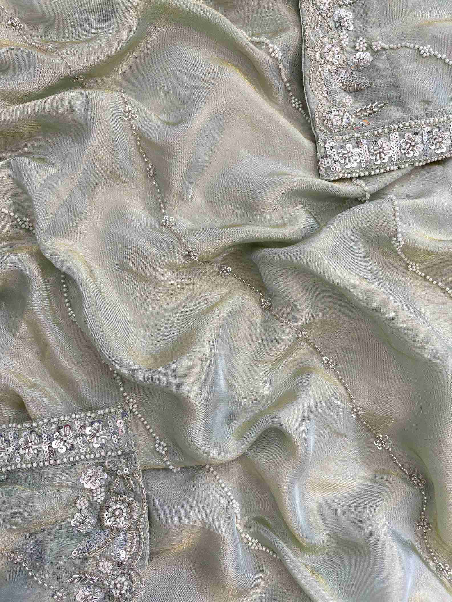 Shimmer Tissue Partywear Unstitched suits with dabka and cutdana work - The Zareesh