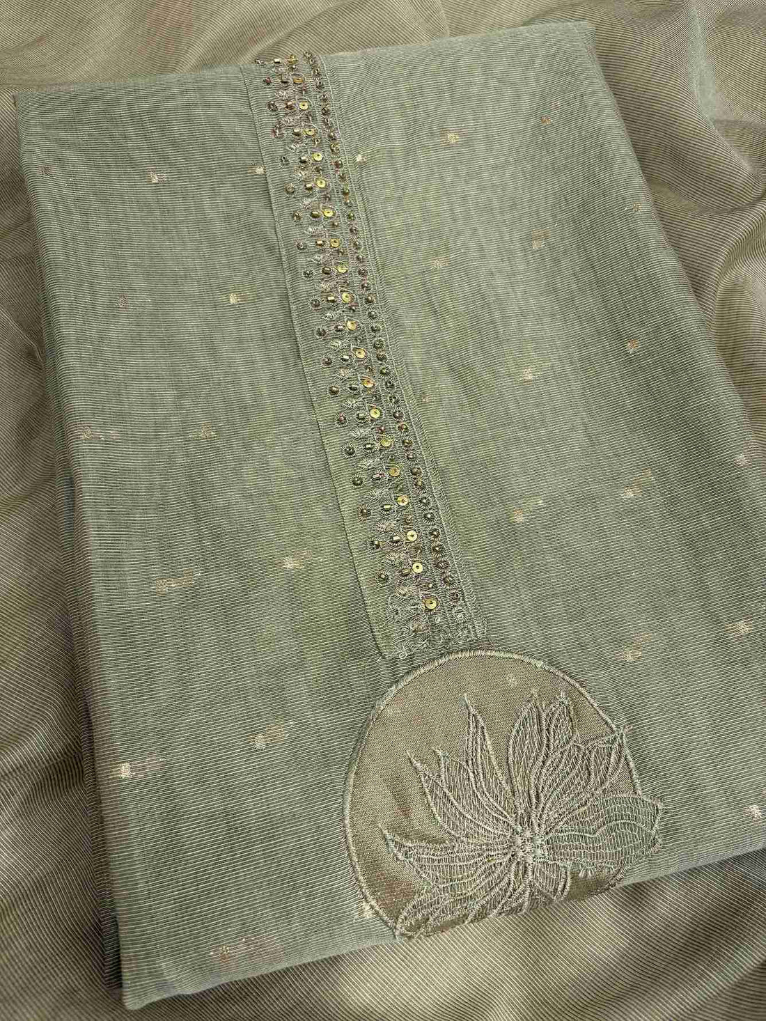 Sage Green Jamdani Cotton Unstitched Suit | Minimalist Applique Floral Neckline | Broad Gold Zari Patta Hemline & Applique Corner Dupatta Women's Suit