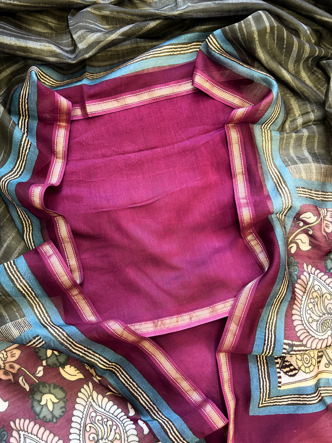 Magenta and grey Maheshwari silk unstitched suit with striped dupatta, ethnic motifs, and contrast borders – festive ethnic wear