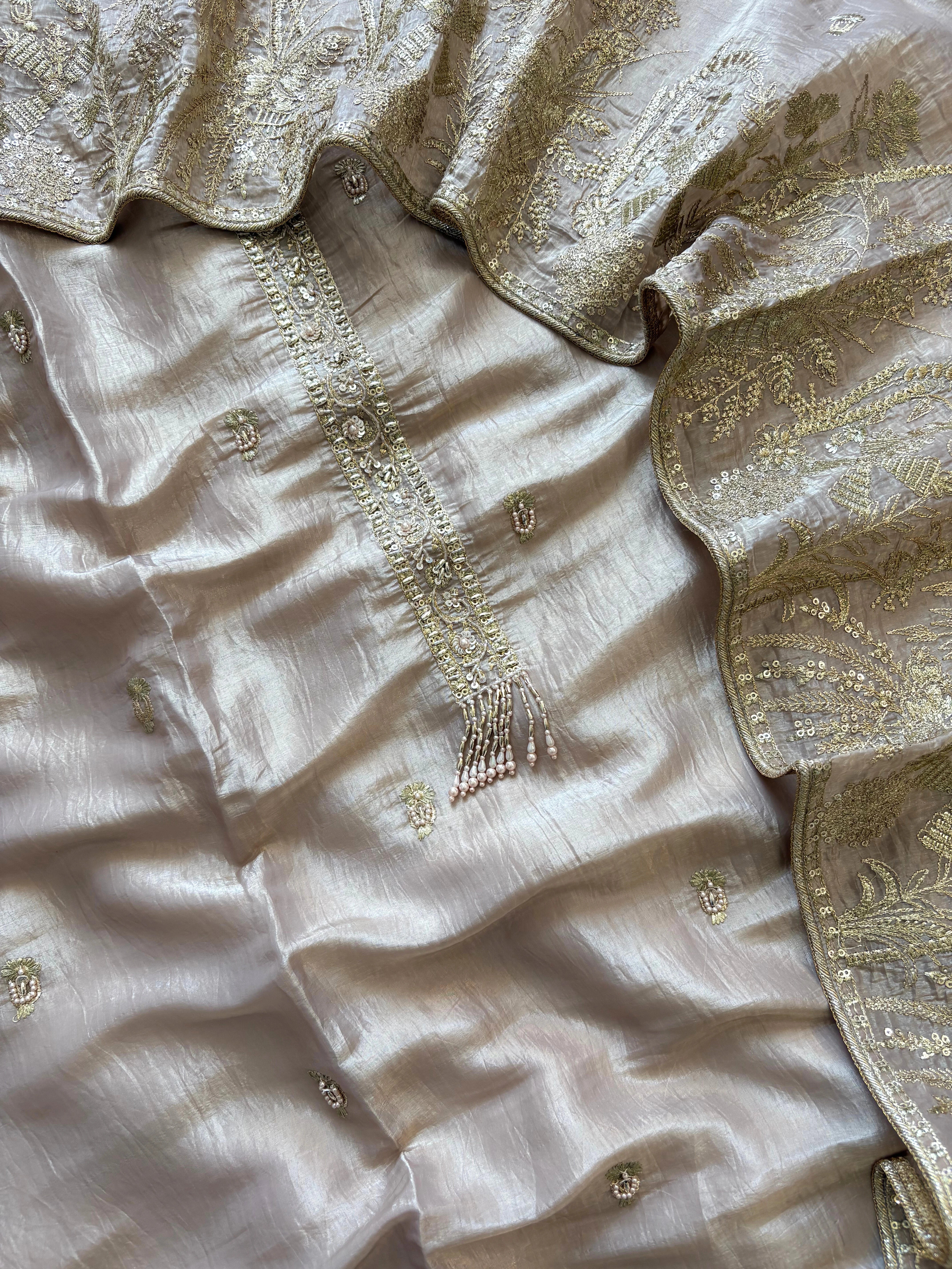 Nude Mauve Tissue Suit with Zari Embroidery & Tissue Dupatta