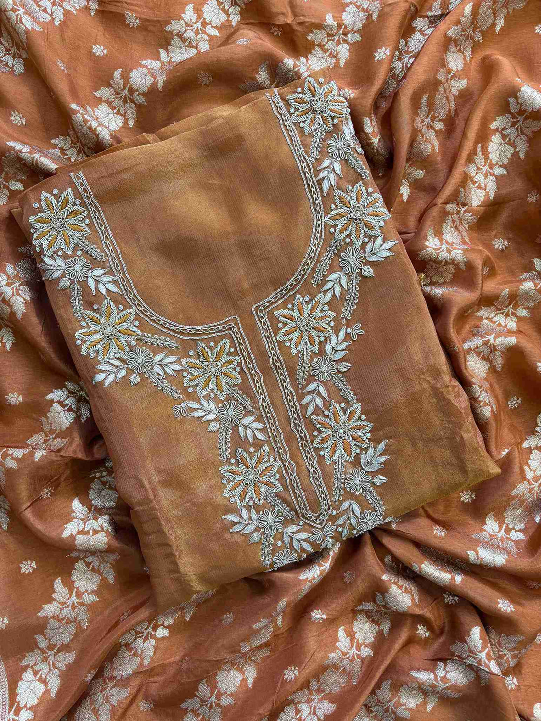 satin organza orange unstitched suit with zardozi neckline