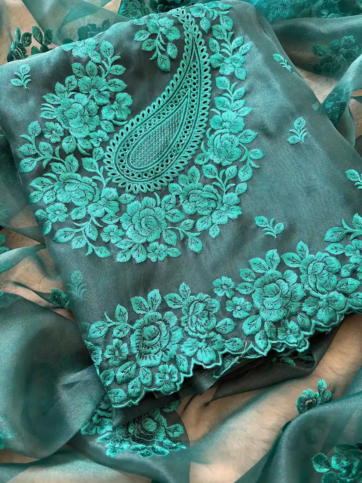 Glass tissue Designer Heavy floral thread embroidered Suit - The Zareesh