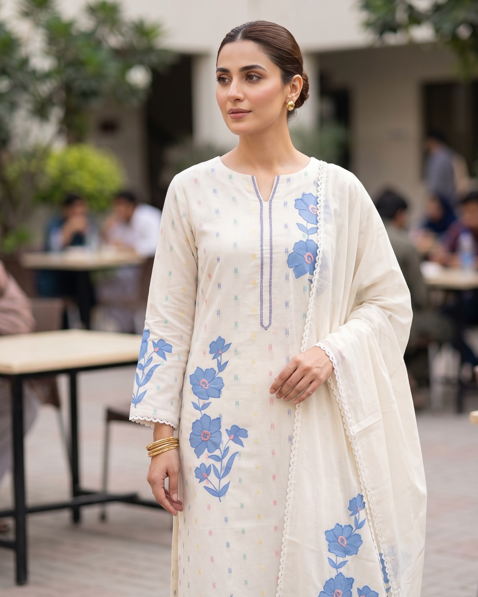 Off-White Pure Cotton Unstitched Suit | All-Over Multicolor Woven Booties | Blue Applique Floral Patches & Scalloped Lace Dupatta Women's Suit
